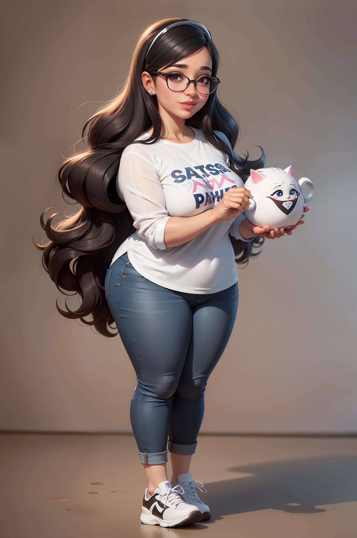 mulher 45 anos de idade estilo princesa disney, fofo, olhos castanhos, with black eyeglasses, fleshy lips, rosto largo, cabelos castanhos , plus size, sorridente, various poses, wearing jeans, white shirt and sneakers, Chibi, fundo branco. v 5 --q 2 --v 5 --s 750