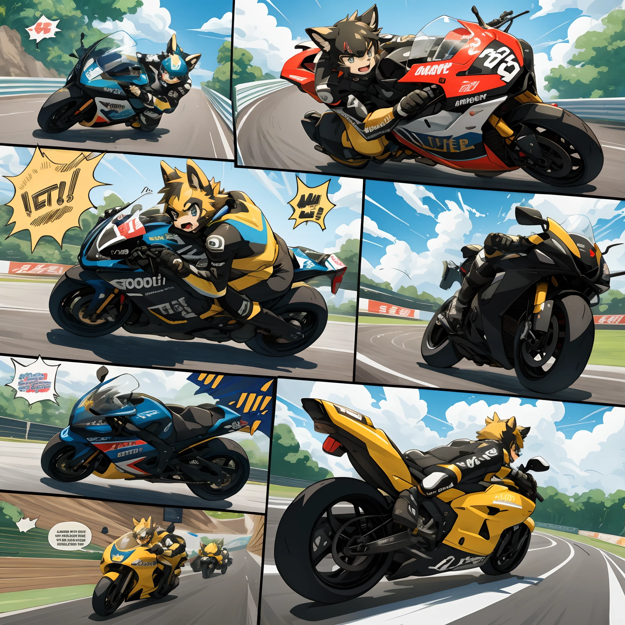 top quality, best quality, highres, masterpiece, motorcycle, racing, 6+boys, 6+girls, absurdres(highly detailed beautiful face and eyes)perfect anatomy, good lighting, cinematic shadow(kemono, furry anthro)assorted expressions, assorted poses, assorted angles, dynamic angles(motion blur, motion line, Racing manga Bold cartoon-like panel layouts, speech balloon, Hand-drawn sound effects stickers used in hentai comic),