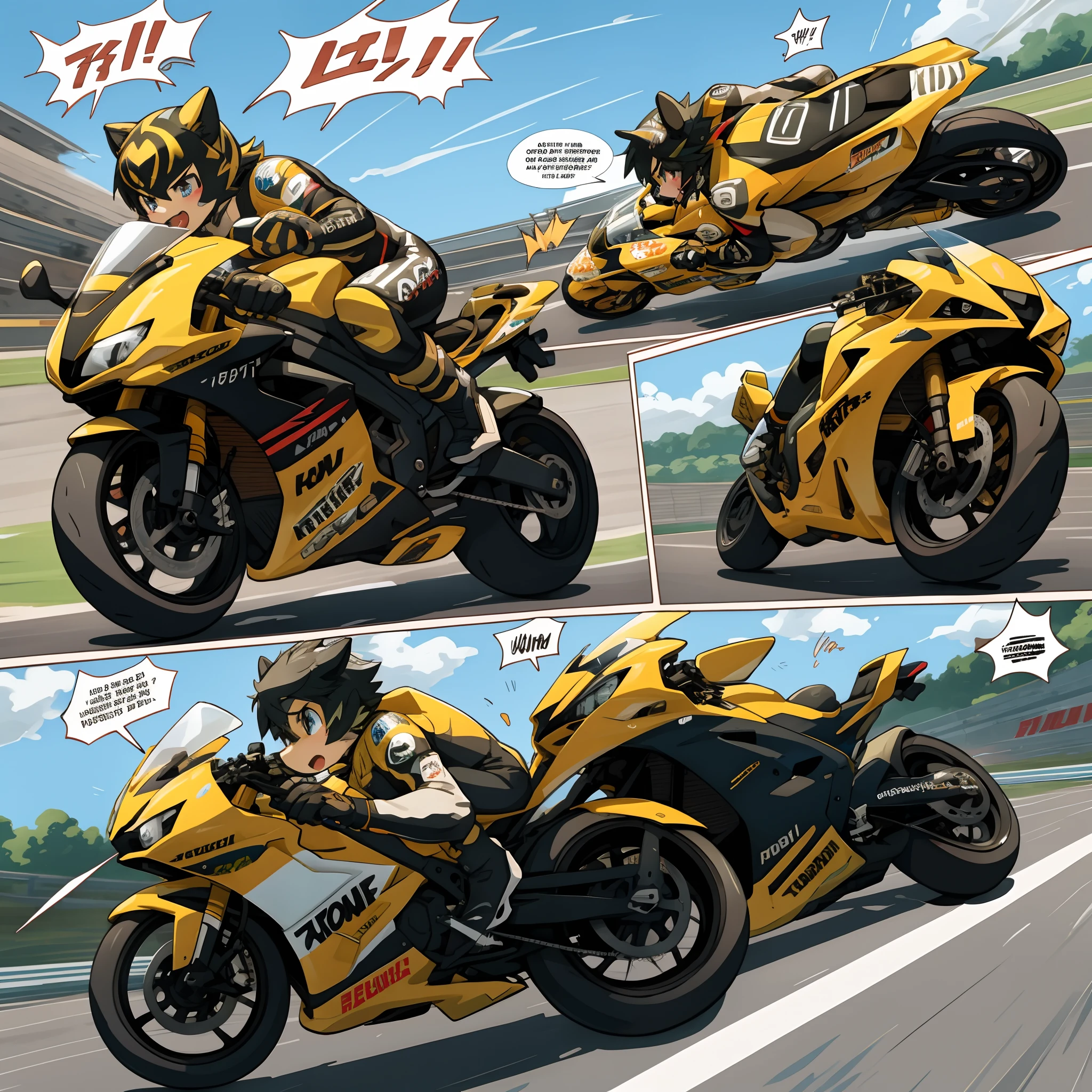 top quality, best quality, highres, masterpiece, motorcycle, racing, 6+boys, 6+girls, absurdres(highly detailed beautiful face and eyes)perfect anatomy, good lighting, cinematic shadow(kemono, furry anthro)assorted expressions, assorted poses, assorted angles, dynamic angles(motion blur, motion line, Racing manga Bold cartoon-like panel layouts, speech balloon, Hand-drawn sound effects stickers used in hentai comic),