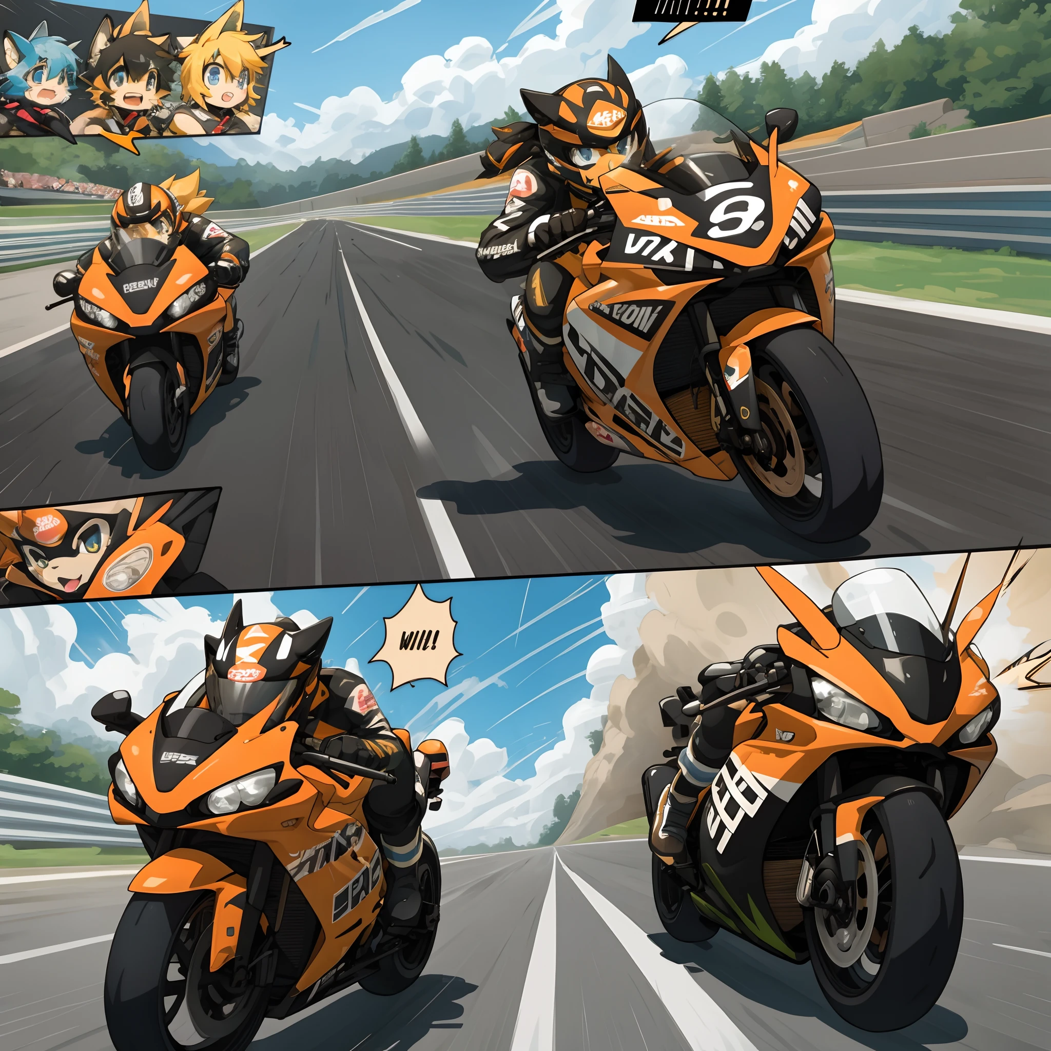 top quality, best quality, highres, masterpiece, motorcycle, racing, 6+boys, 6+girls, absurdres(highly detailed beautiful face and eyes)perfect anatomy, good lighting, cinematic shadow(kemono, furry anthro)assorted expressions, assorted poses, assorted angles, dynamic angles(motion blur, motion line, Racing manga Bold cartoon-like panel layouts, speech balloon, Hand-drawn sound effects stickers used in hentai comic),