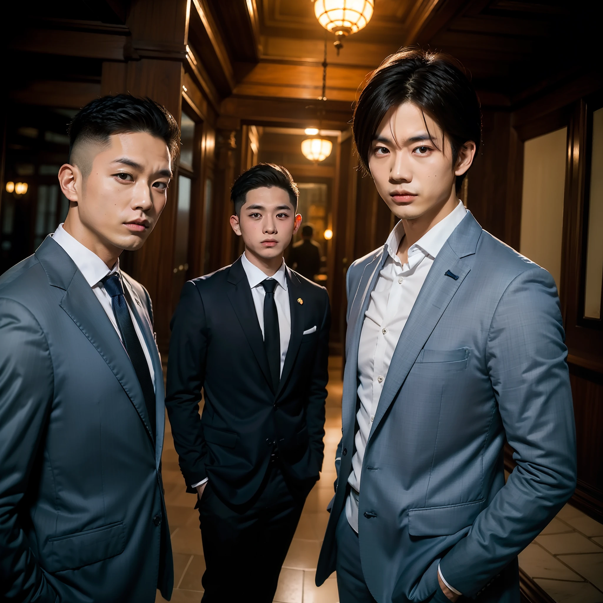 Asian boys，Shogun，emaciated，Will shadow magic，Business suit，Behind are the bats and the dark castle