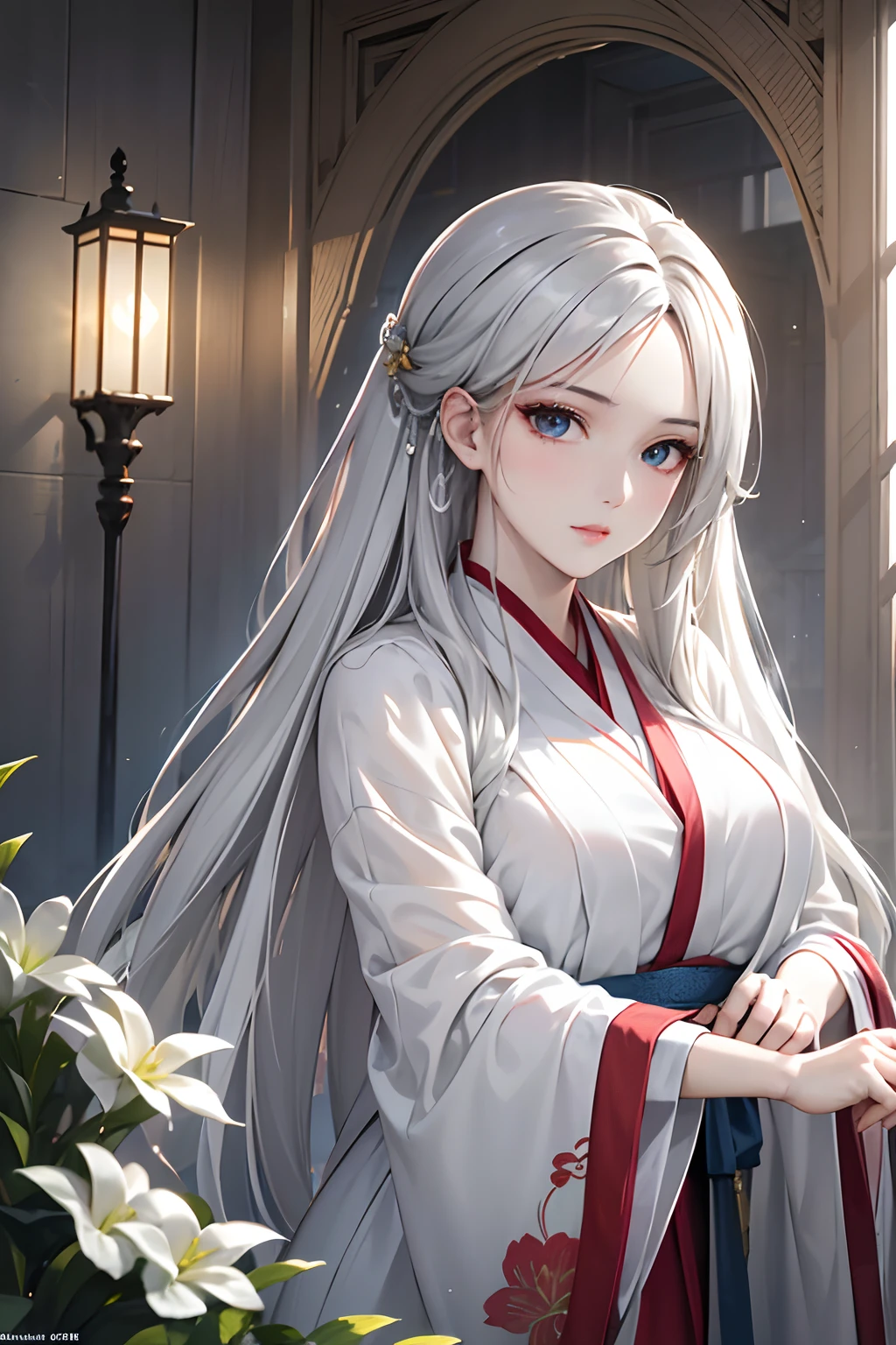 ulzzang-6500-v1.1,(raw photo:1.2),((photorealistic:1.4))best quality ,masterpiece, illustration, an extremely delicate and beautiful, extremely detailed ,CG ,unity ,8k wallpaper, Amazing, finely detail, masterpiece,best quality,official art,extremely detailed CG unity 8k wallpaper,absurdres, incredibly absurdres, huge filesize, ultra-detailed, highres, extremely detailed,beautiful detailed girl, extremely detailed eyes and face, beautiful detailed eyes,light on face,cinematic lighting,((Hanfu)),1girl,full body,full-body shot,see-through,looking at viewer,((white hair)),((bliss))