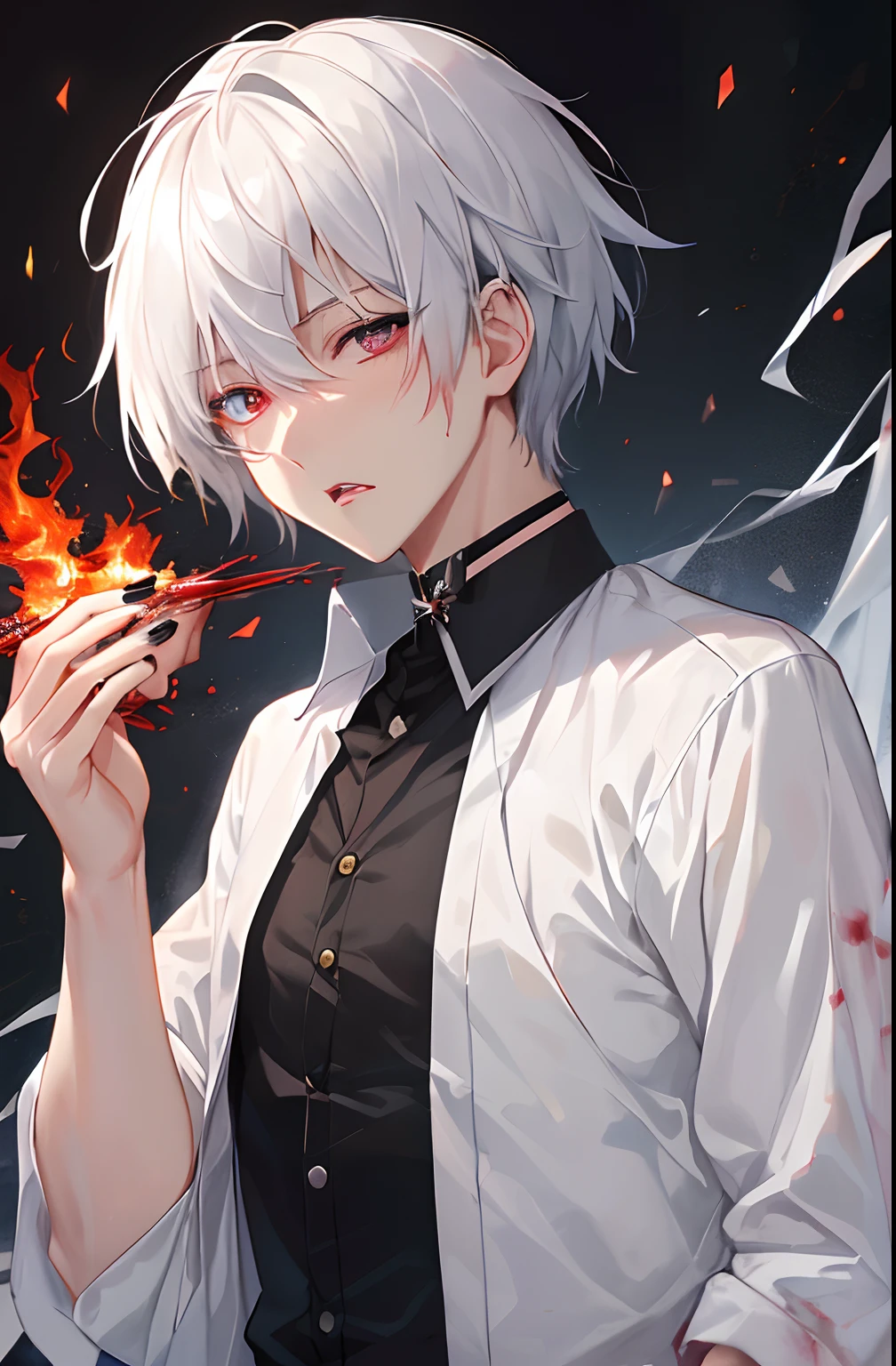 KK, top-quality, detaileds, masterpiece, kaneki ken, 1 juvenile, Male Focus, 独奏, heterochromia iridis, Black background, bangss, red eyes, grey eyes, shorth hair, The shirt, Raise your hands, white hair, shirt with collar, manicure, Black shirt, cparted lips, looking at viewert, The upper part of the body, tusk, black nails, high class, 8K, detaileds, Ray traching, depth of fields, 电影灯光, blood,Long tongue bella,
