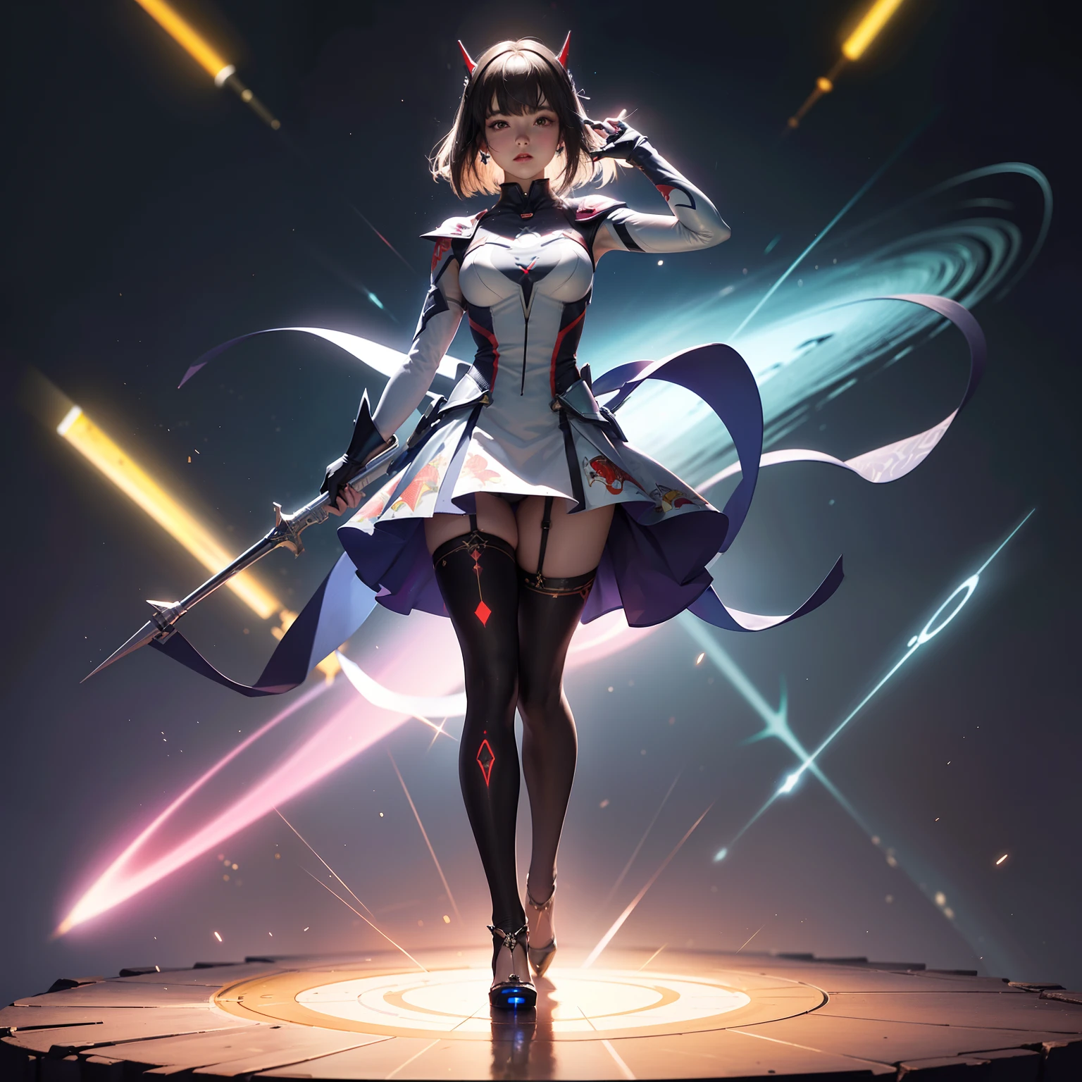 (full body:1.5),(1girl:1.3),(looking at viewer:1.4),(anatomy correct:1.3),(Wearing Printed Fantasy Ultraman suit and pointed high heels ,and Very thick Printed ta Pantyhose :1.35), (Light particle effect:1.3),(In pink | amarelo | blue colors| green color |red colors | white colors| black in color| purpleish color| greys| Beige| Flesh color 1.4),(Glowing eyes:1.3),(Large amplitude action: 1.3),(Accurate and perfect face:1.4),(Clothing Gloss:1.25),(Skin reflection:1.25),hyper HD, Ray traching, reflective light,structurally correct, Award-Awarded, high detal, lightand shade contrast, Face lighting,cinmatic lighting, tmasterpiece, super detailing, high high quality, high detal, best qualityer, 16k,high contrast,