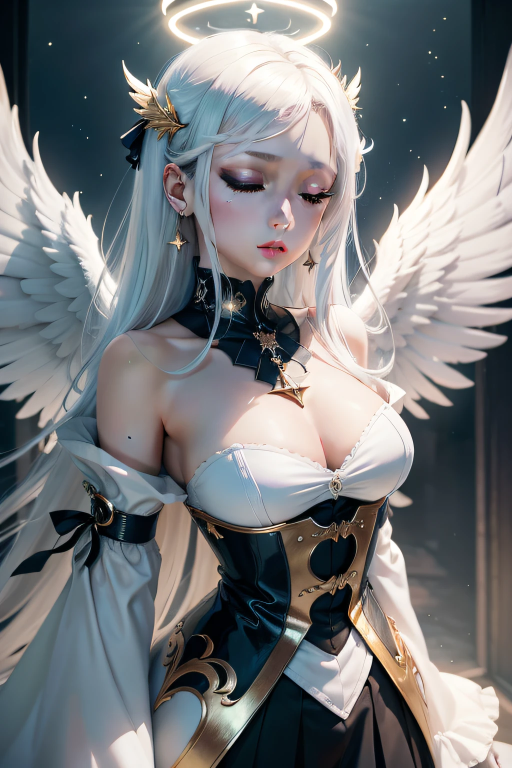 A masterpiece at the top,An anime girl, Anime girl, Portrait of anime shoujo with white hair,angelicales,gold eye shadow,goth clothes,holy,in heaven,White wings,Vivid colors,cold shades,Bright light,western-styled building,The halo,The deities,With his eyes closed,White hair with light wings spreading,Sky stars,twinkle