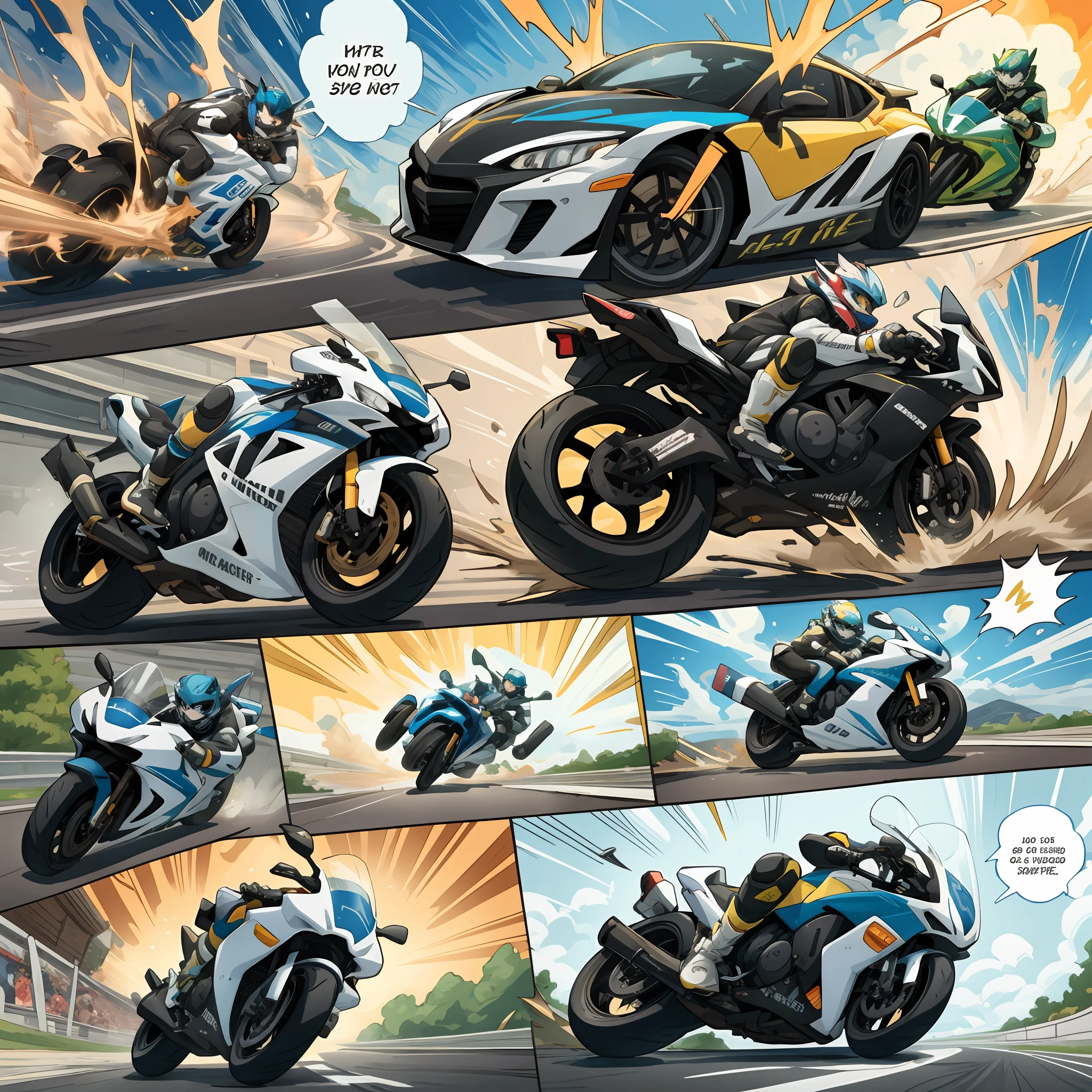top quality, best quality, highres, masterpiece, motorcycle, racing, 6+boys, 6+girls, absurdres(highly detailed beautiful face and eyes)perfect anatomy, good lighting, cinematic shadow(kemono, furry anthro)assorted expressions, assorted poses, assorted angles, dynamic angles(motion blur, motion line, Racing manga Bold cartoon-like panel layouts, speech balloon, Hand-drawn sound effects stickers used in hentai comic),