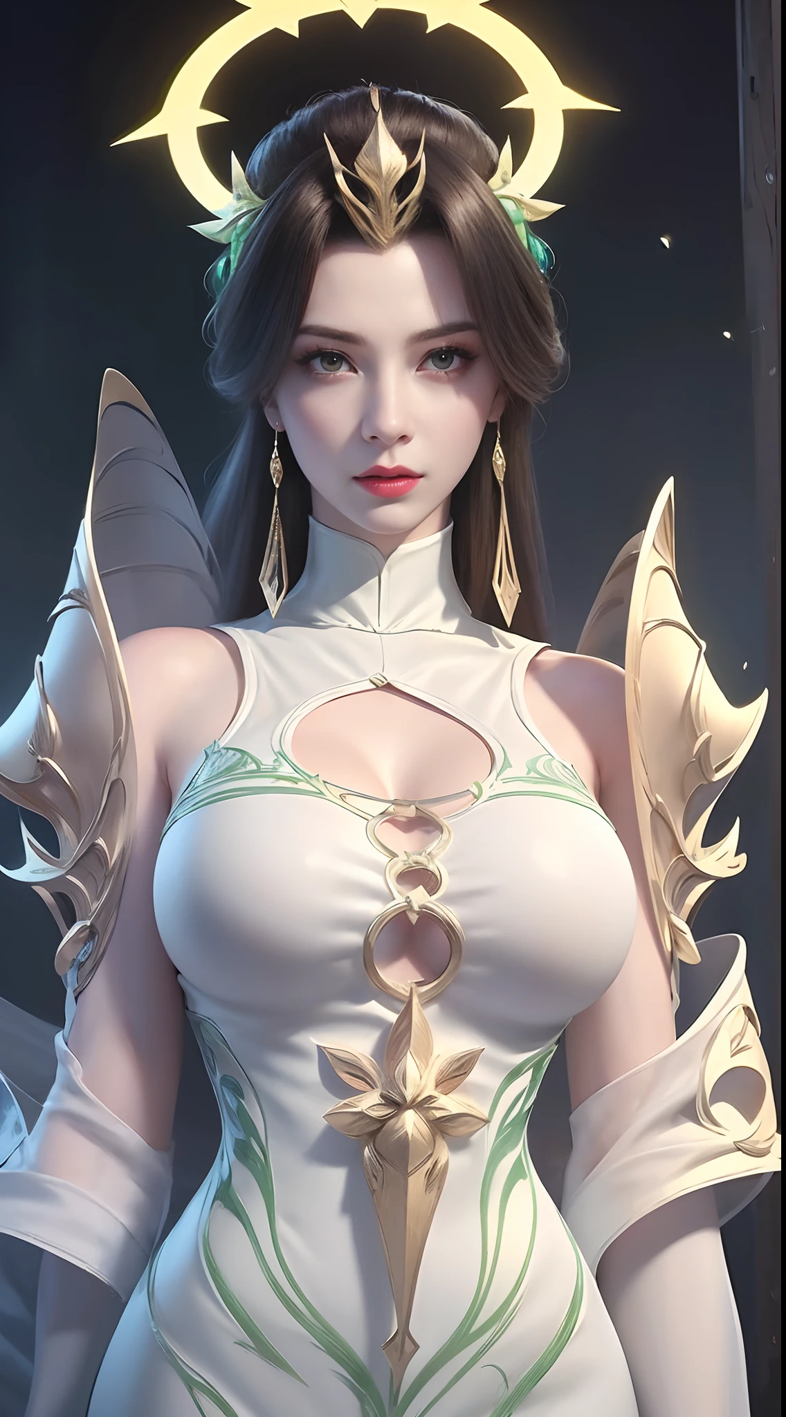 ultra realistic 8k cg, flawless, clean, masterpiece, professional artwork, famous artwork, cinematic lighting, cinematic bloom, perfect face, beautiful face, fantasy, dreamlike, unreal engine 5, science fiction, lace, lace trim, lace-trimmed legwear, luxury, jewelry, diamond, gold, pearl, gem, sapphire, ruby, emerald, intricate detail, delicate pattern, charming, alluring, seductive, erotic, enchanting, hair ornament, necklace, earrings, bracelet, armlet,halo,autumn.
((,1girl, pov,best quality,)) ,((((,1girl, solo, huge fake breasts:1.5, armor dress, half body, looking at viewer, standing))))