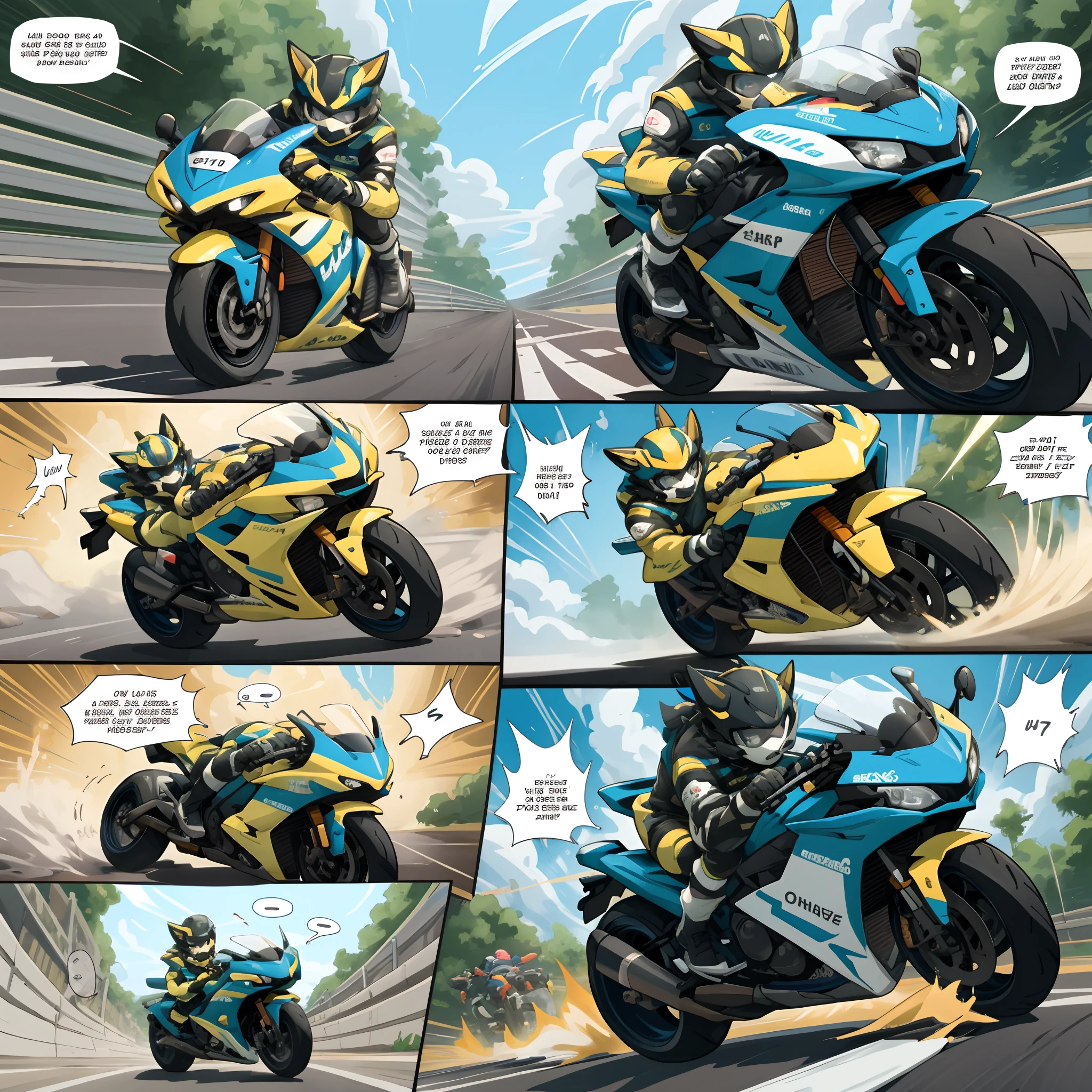 top quality, best quality, highres, masterpiece, motorcycle, racing, 6+boys, 6+girls, absurdres(highly detailed beautiful face and eyes)perfect anatomy, good lighting, cinematic shadow(kemono, furry anthro)assorted expressions, assorted poses, assorted angles, dynamic angles(motion blur, motion line, Racing manga Bold cartoon-like panel layouts, speech balloon, Hand-drawn sound effects stickers used in hentai comic),
