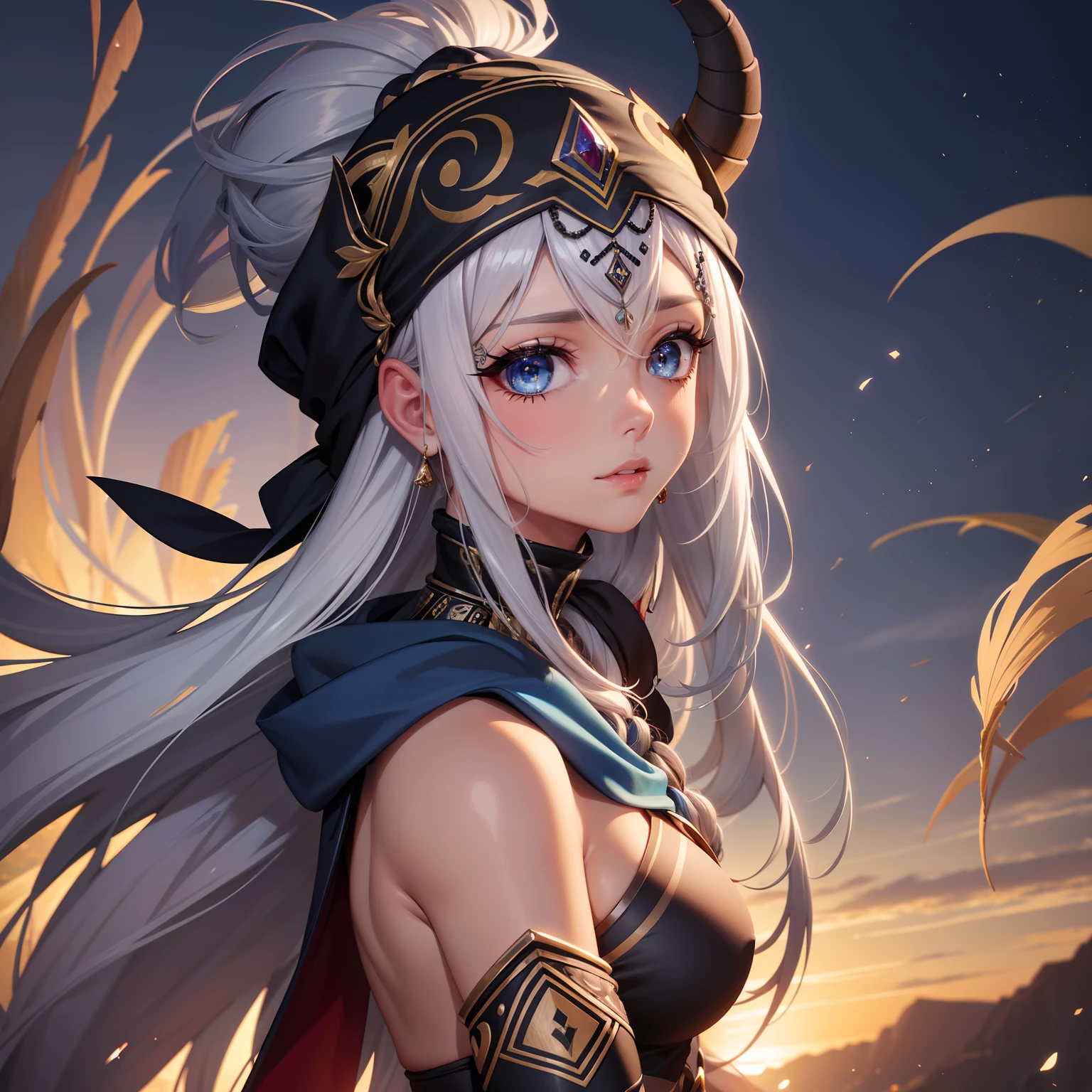 Melhor qualidade, extremely high-resolution, obra-prima,girl,pele_negra,silver hair, Blue iris,bandana vermelha na testa,e roupas africanas pretas