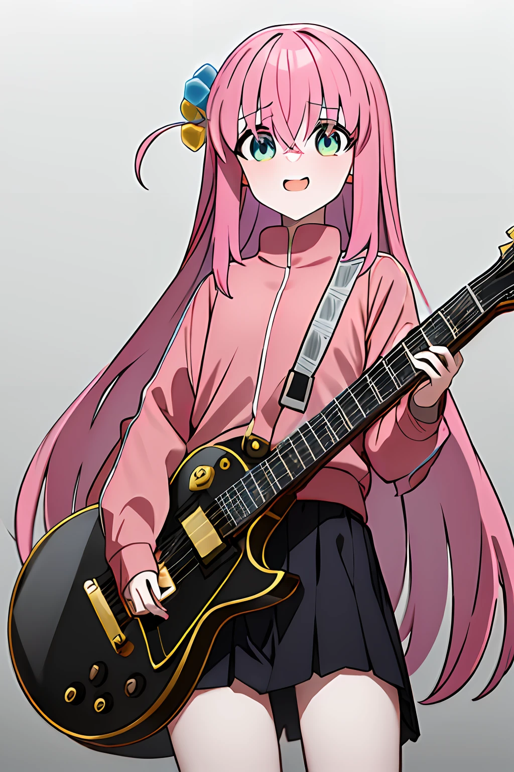 obra maestra, mejor calidad, highres, gotou1, gotou hitori, solo, flequillo, pelo entre ojos, manga corta, criada, tocado de criada, pechos medianos, holding instrument, guitarra, cara feliz, gota de sudor,