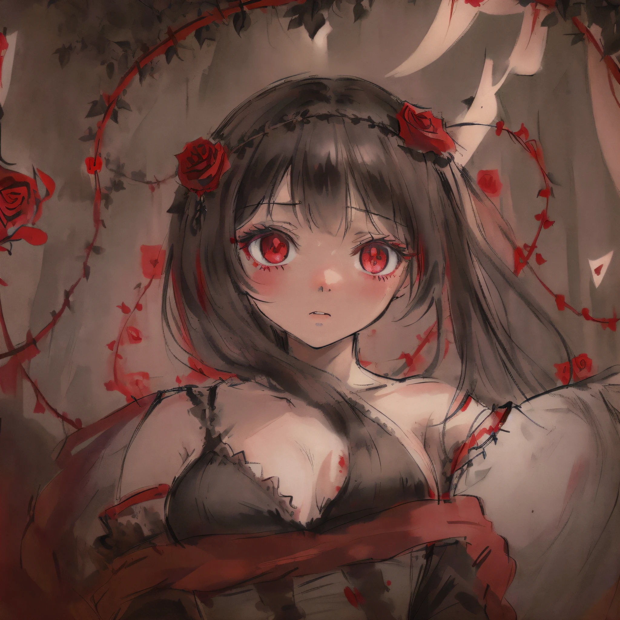 (((masterpiece))), (((best quality))), ((ultra-detailed)), (illustration), ((an extremely delicate and beautiful)), beautiful detailed eyes,(detailed light),(beautiful deatailed shadow), 1girl, (loli), (small_breasts), floating_hair,  glowing eyes, black hair,red eyes, sad, lolita, bare shoulders, white_dress, ((rose)),(vines), (blood), cage, bandage, red rope, ((sketch)),(painting)