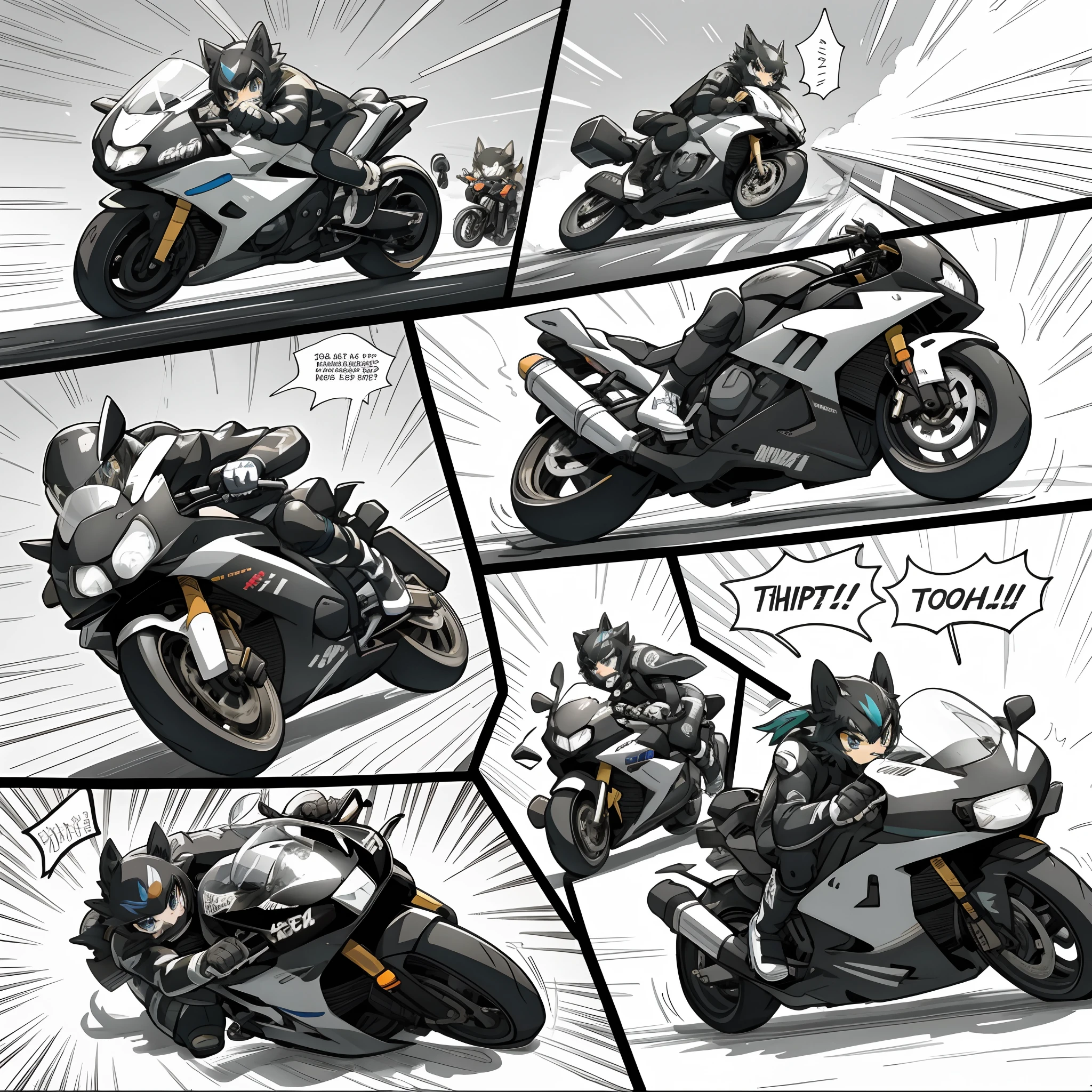 rough sketch, motorcycle, racing, 6+boys, 6+girls, absurdres(highly detailed beautiful face and eyes)perfect anatomy, good lighting, cinematic shadow(kemono, furry anthro)assorted expressions, assorted poses, assorted angles, dynamic angles(motion blur, motion line, hentai manga Bold cartoon-like panel layouts, speech balloon, Hand-drawn sound effects stickers used in hentai comic),