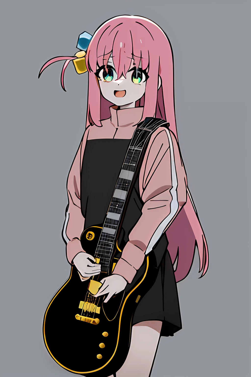 obra maestra, mejor calidad, highres, gotou1, gotou hitori, solo, flequillo, pelo entre ojos, manga corta, criada, tocado de criada, pechos medianos, holding instrument, guitarra, cara feliz, gota de sudor,
