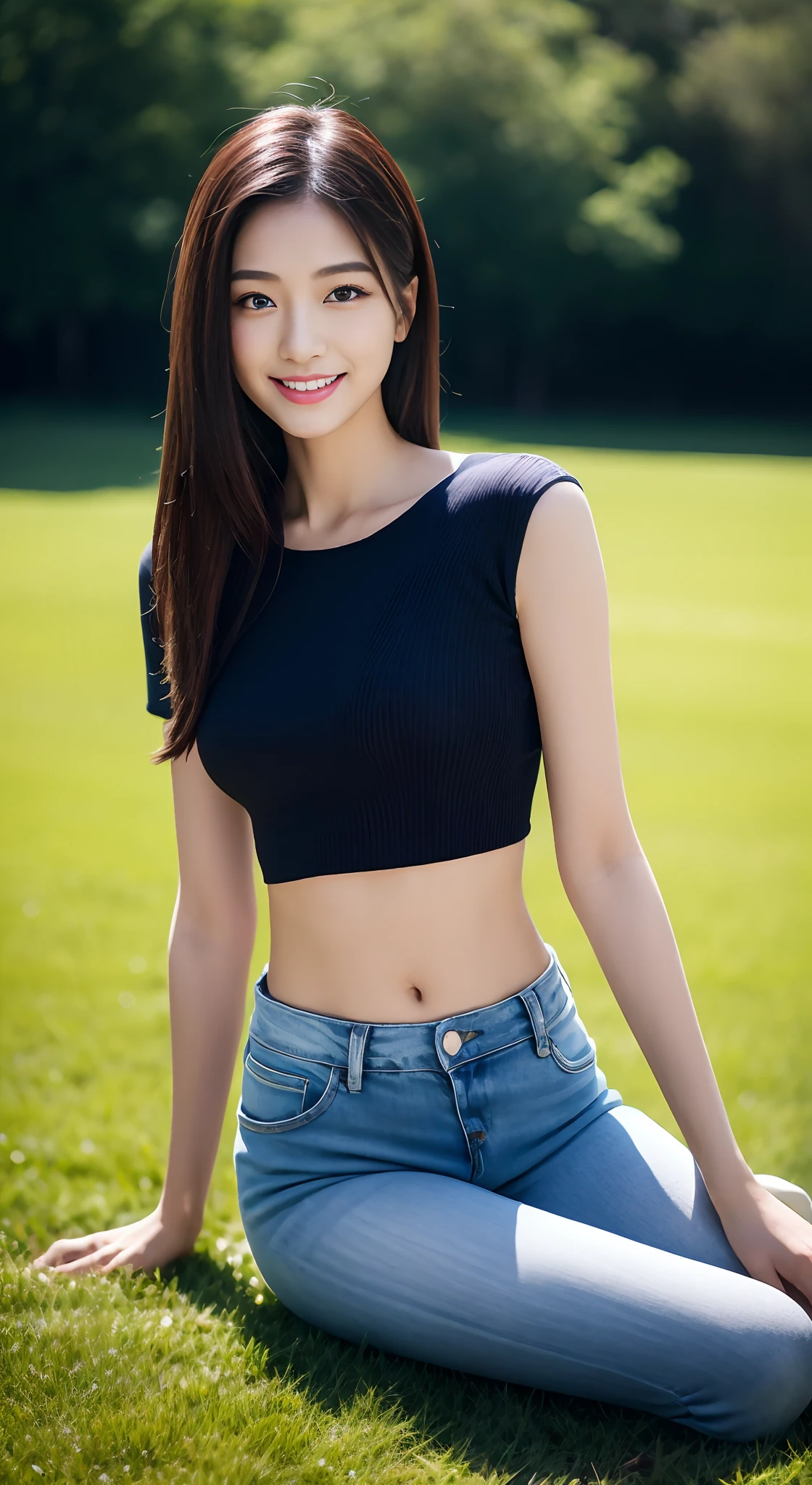 (rain, grassy fields: 1.3), 1 beautiful woman taking pictures on the grass,RAW photos,tmasterpiece,(highdetailskin:1.2),8k ultra high definition,digital SLR camera,gentlesoftlighting,high high quality,filmgrain,富士XT3,20 years old Asian woman,Gray tight blouse(Slim,Fit snugly to the body)and crop top jeans,Detailed clothing details:1.5,perfect body figure,Perfect breasts and nipple bulge,The legs are straight and slender,((Branded fashion travel shoes:1.5)),Super detailed facial details and skin,Fair face and fair skin,二重まぶた,Super detailed eyes,A sweet smile,(Gloss on lips, eyeslashes, Glossy face, Best quality, Super high resolution, warm color,Wide lighting, naturalshadow), Sit on the grass and play,Pose coquettishly,Show off your sexy figure, Full body shooting: 1.8