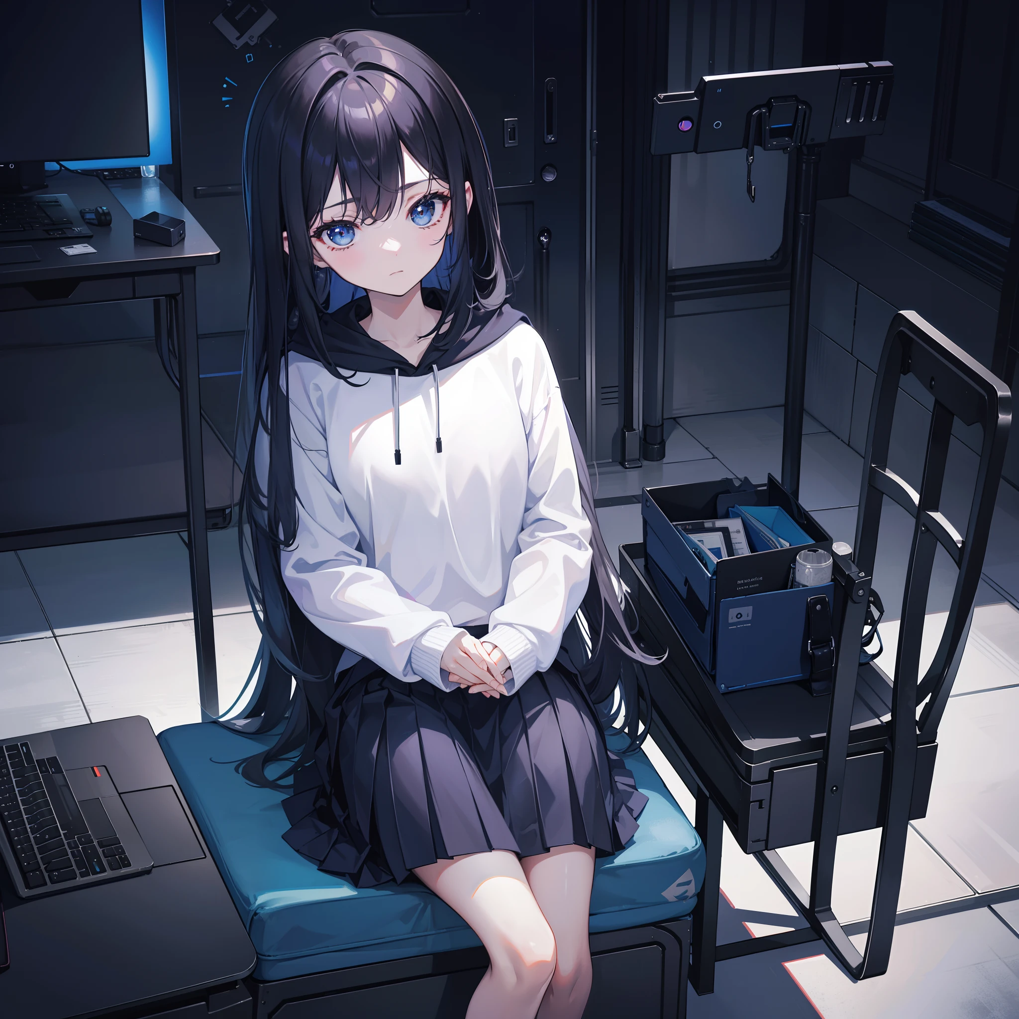 The little hook of the Azure file，In a dark chamber，sit on chair，desks，laptop，dim murky lights，facing to audience，Dressed in a black sweatshirt，Very short pleated skirt，Place your hands between your legs，The hand details are perfect，perfectquality，Need