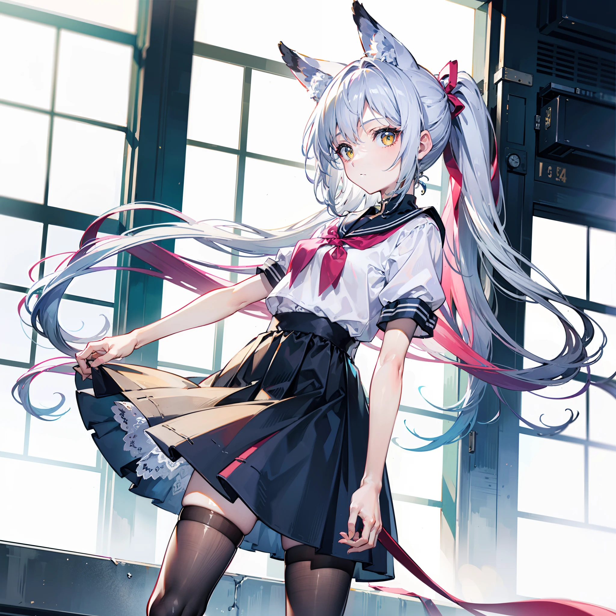 Masterpiece, Best quality, High quality, 1girll，Solo, Male focus, view the viewer, White horse ears，Long white single ponytail hair，white color hair，Long hair and waist，Flat bangs，yellow eyes，JK school uniform，Absolute realm，facing to audience，conservativelydressed，The upper part of the body，From the side Side，black lence stockings，Harnes，tiese，Casual style，idyllic