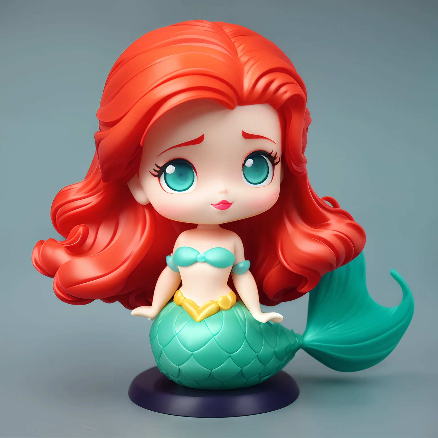 disney the little mermaid doll model toy figurine,cute mermaid with red hair, dreamy cute hair accessories, Popmart Blind Box, IP design, Chibi, macaron color,solid color backdrop, clean backdrop, resin, Exciting, 3D rendering , OC rendering, 8K, soft focus, fine Glossy Super detail