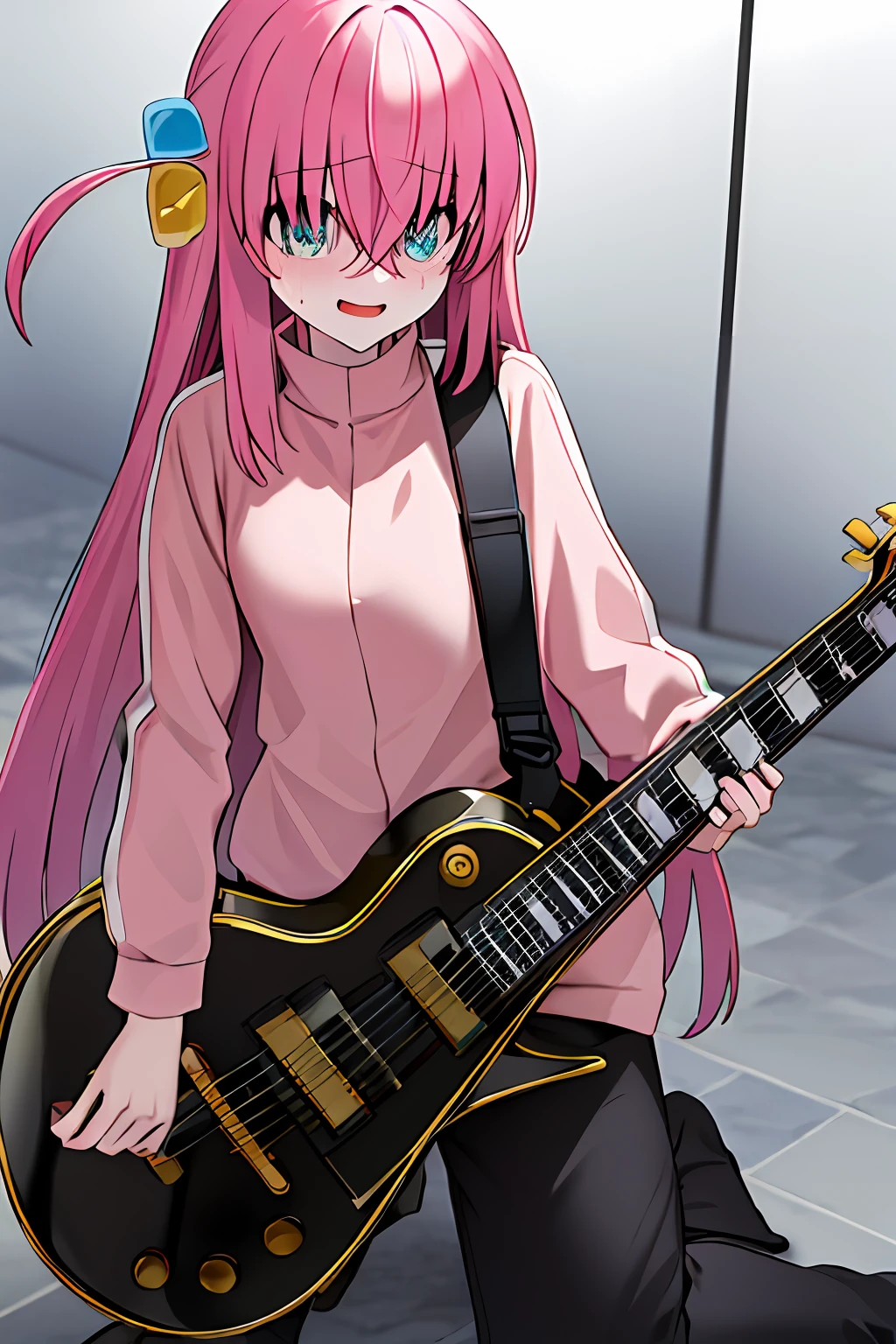 obra maestra, mejor calidad, highres, gotou1, gotou hitori, solo, flequillo, pelo entre ojos, manga corta, criada, tocado de criada, pechos medianos, holding instrument, guitarra, cara feliz, gota de sudor,