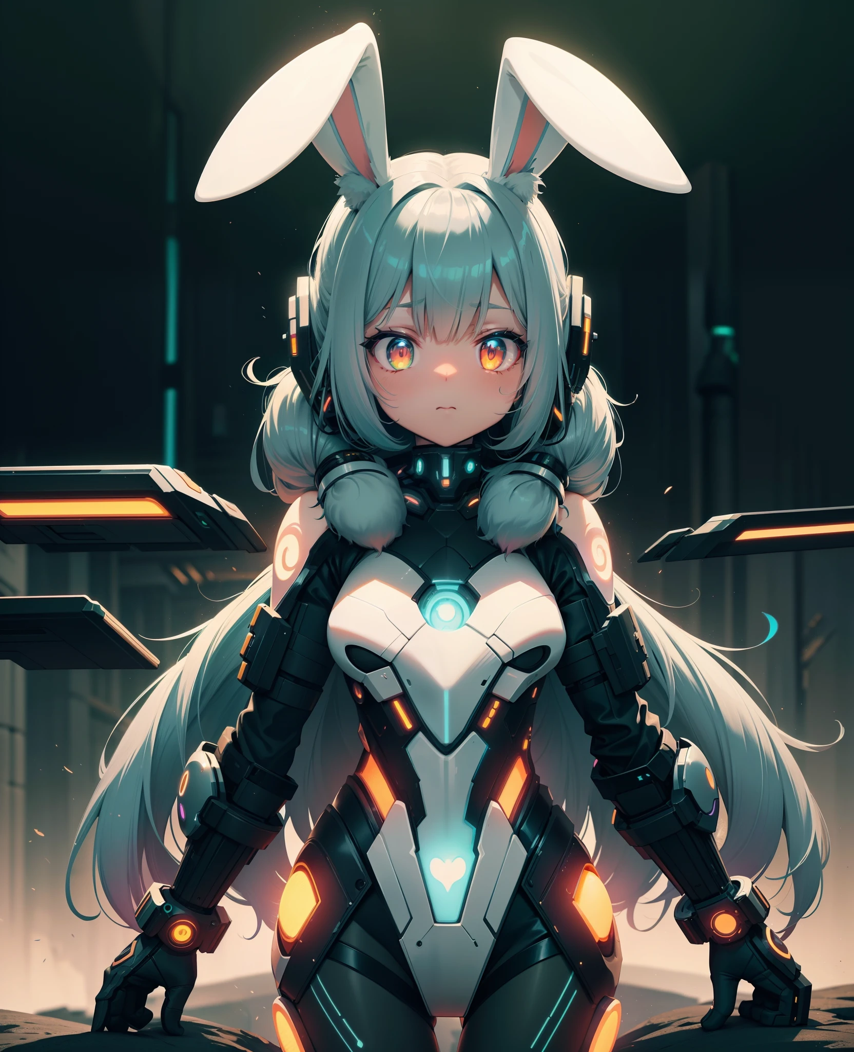 bunnytech , scifi, fluffy , 
1girl, tattoos, glowing tattoos, glowing eyes, colored glowing hair , full body, green hair,
  kawaiitech, pastel colors, kawaii, cute colors,