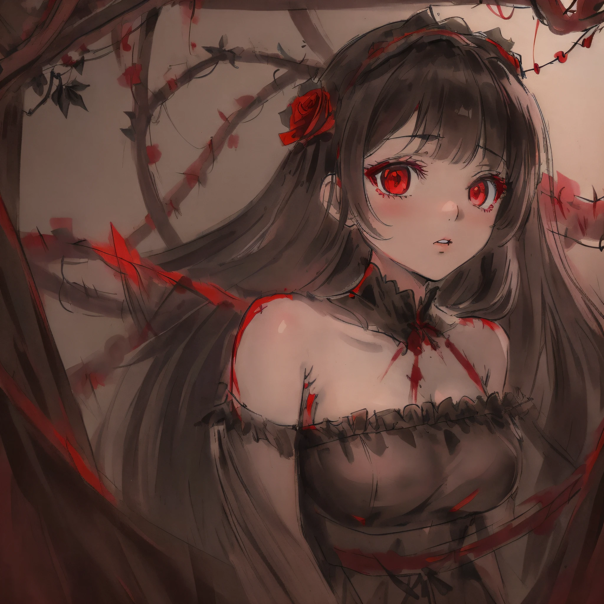 (((masterpiece))), (((best quality))), ((ultra-detailed)), (illustration), ((an extremely delicate and beautiful)), beautiful detailed eyes,(detailed light),(beautiful deatailed shadow), 1girl, (li), (small_breasts), floating_hair,  glowing eyes, black hair,red eyes, sad, lolita, bare shoulders, white_dress, ((rose)),(vines), (blood), cage, bandage, red rope, ((sketch)),(painting)