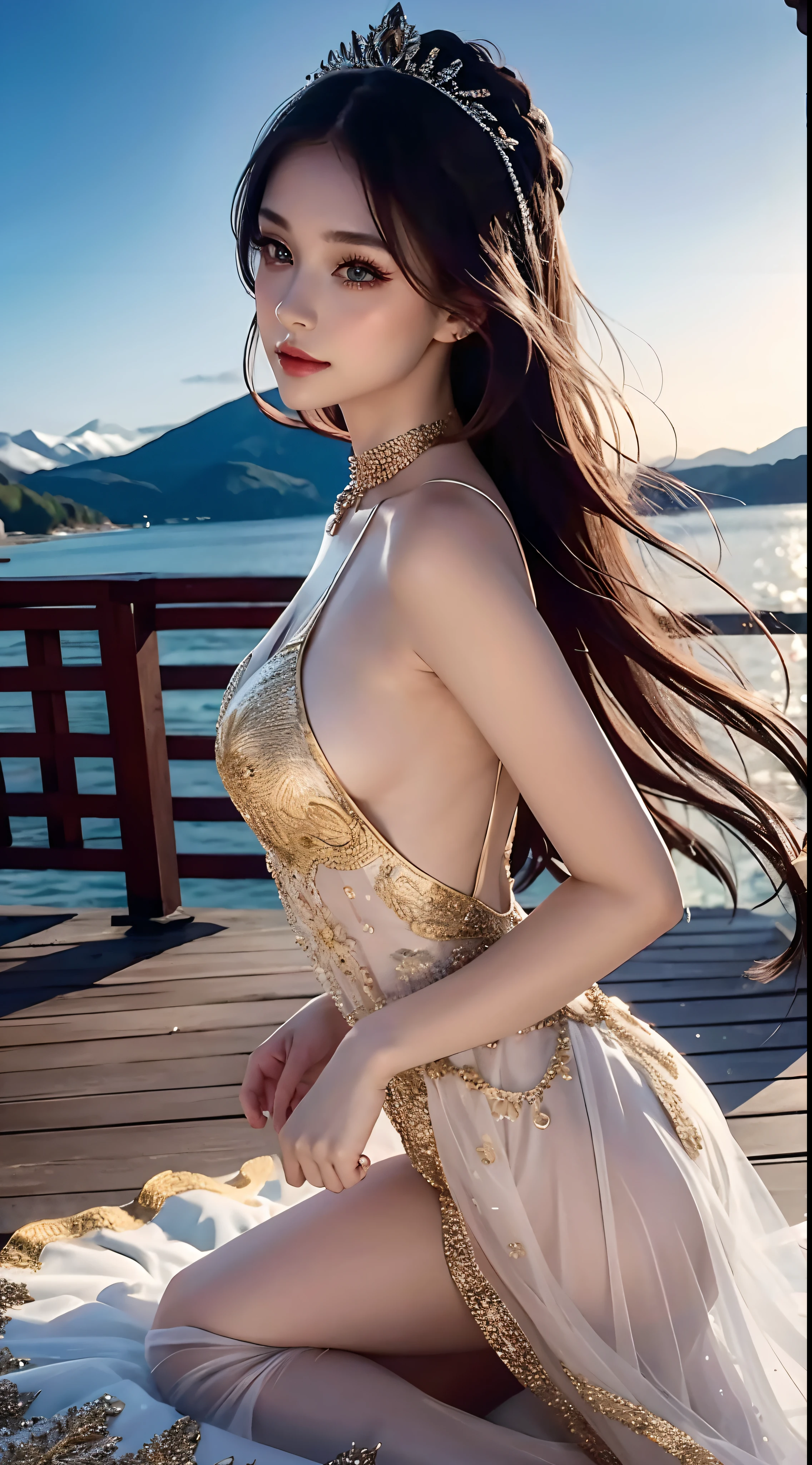 4K Ultra HD, Masterpiece, Cute *********** s, Nice face, Detailed Eyes, Liquid Lipstick, Long hair, Hair spreads, necklaces, beautiful dress, long dress, wedding dress, Gold, highlights, lighting effects, glittering, realistic background, Natural background, blossom, sunlights, mountains, Full-body capture, You can see the bridge, in the castle, view from side, Glass slippers