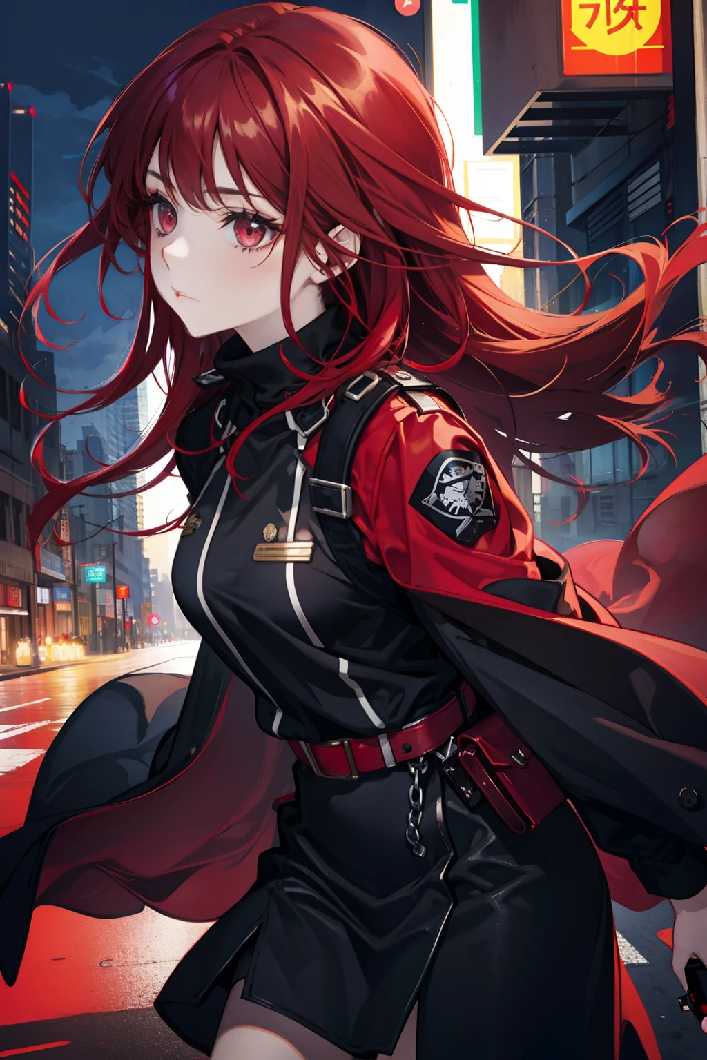 Solo, 1 girl, red dark hair girl, red light eyes, seductive and cute girl, modern city night, black outfit, undercover cop