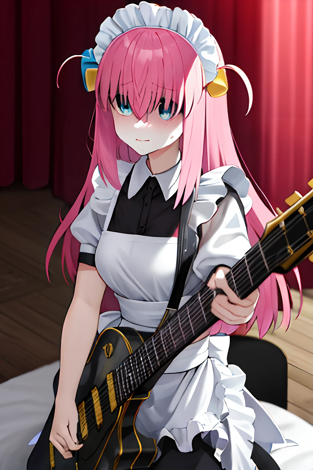 masterpiece, best quality, highres, gotou1, gotou hitori, solo, bangs, hair between eyes, short sleeves, maid, maid headdress, medium breasts, holding instrument, guitar, shaded face, sweatdrop,