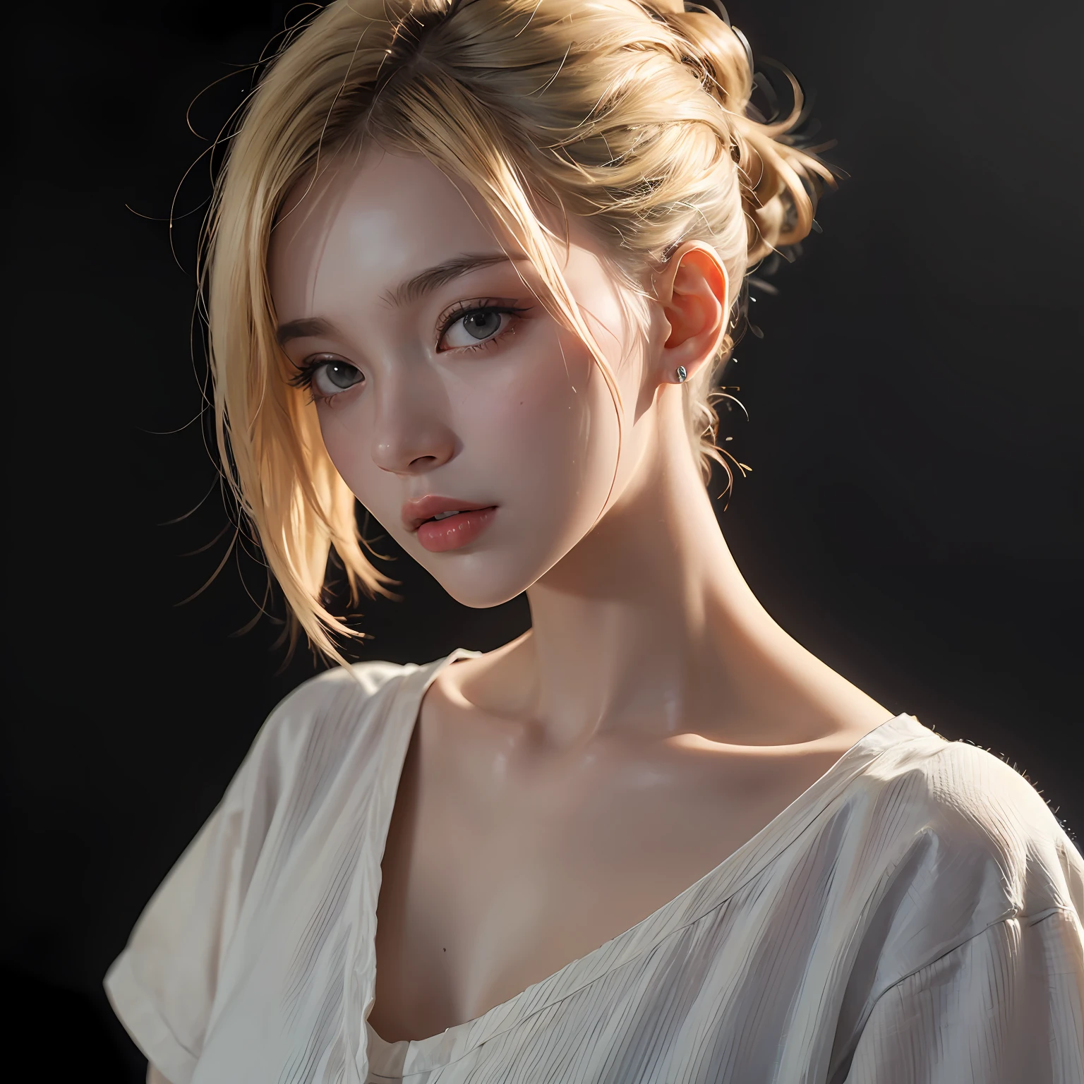 (8K, Photorealistic, Raw photo, of the highest quality: 1.3), (1girl in), Super beautiful, (Realistic face), (boyish, Silver Color Berry Shorthair), Beautiful , Glare that captivates the viewer, Beautiful expression, Beautiful breasts, (Realistic skin), Be...