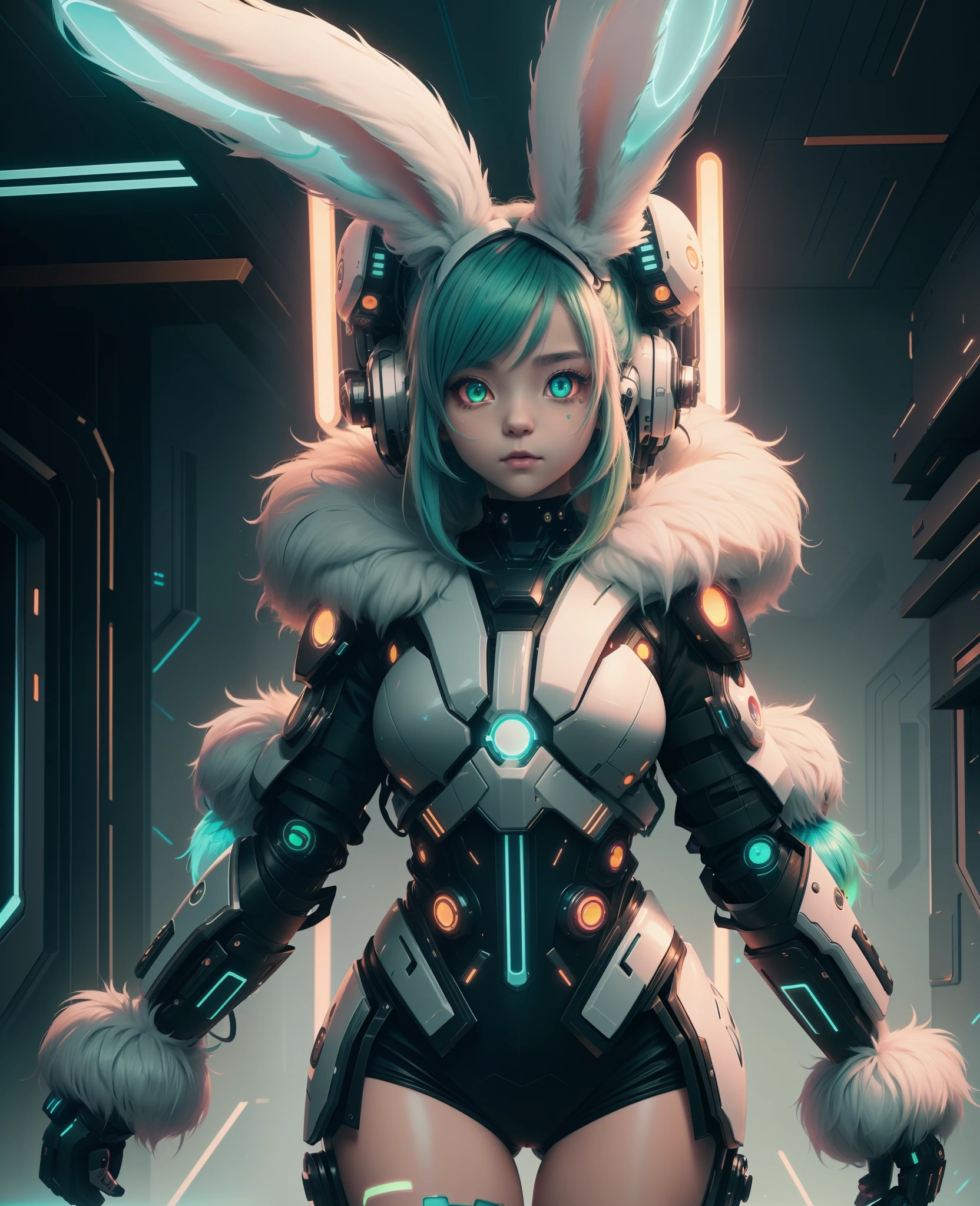 bunnytech , scifi, fluffy , 
1girl, tattoos, glowing tattoos, glowing eyes, colored glowing hair , full body, green hair,
  kawaiitech, pastel colors, kawaii, cute colors,