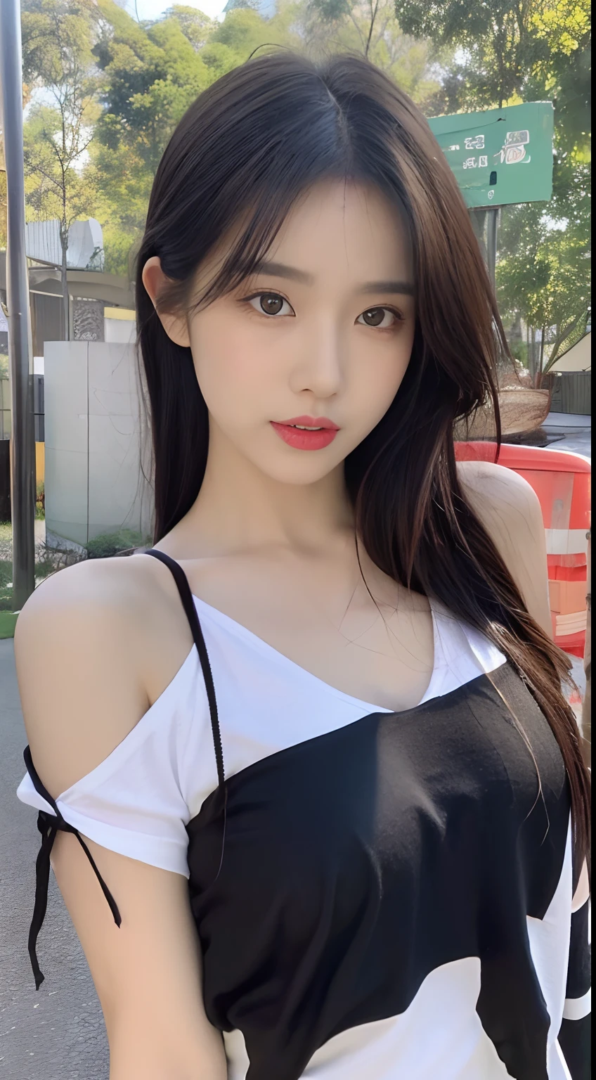 ((best qualtiy, 8K, tmasterpiece:1.3)), A pretty maiden,Pure,Melon seed face,gentle and cute,Perfect body shape,frontage,Tilt your head,((Short one-shoulder T-shirt,sweat shorts)),Black hair smooth,Long hair shawl,round black big eyes,Clear big eyes,((Hydrated red lips)),(lipstick),(Be red in the face),((Rushed skin)),Sweet,On the grass,the trees,buliding,Suburban background,