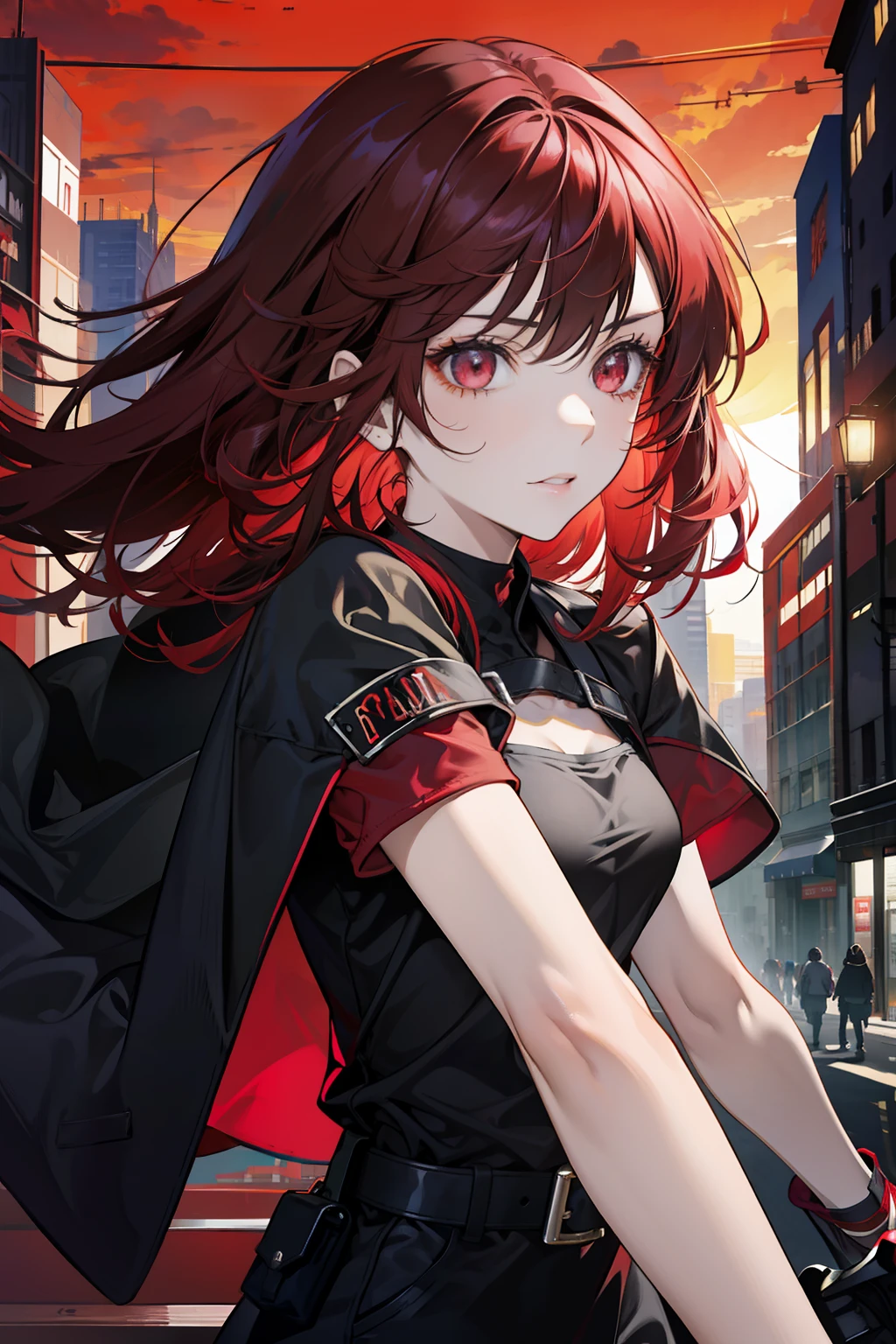 Solo, 1 girl, red dark hair girl, red light eyes, and cute girl, modern city night, black outfit, undercover cop