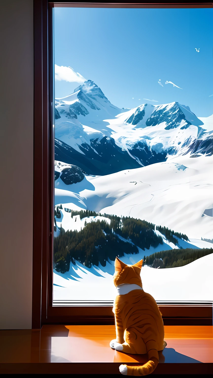 A slightly chubby, cute fluffy yellow orange cat,sitting on a window sill,Emotional sadness,The room was luxurious,The room was dark,The cat looks out the big glass window at the glacier snow mountain,Outside the window is blue sky and white clouds cool time。Good view,Leica 8K stills ,A24 film,looking out,cinema shot,See the Swiss hiking trails,film view!!Realistic style。