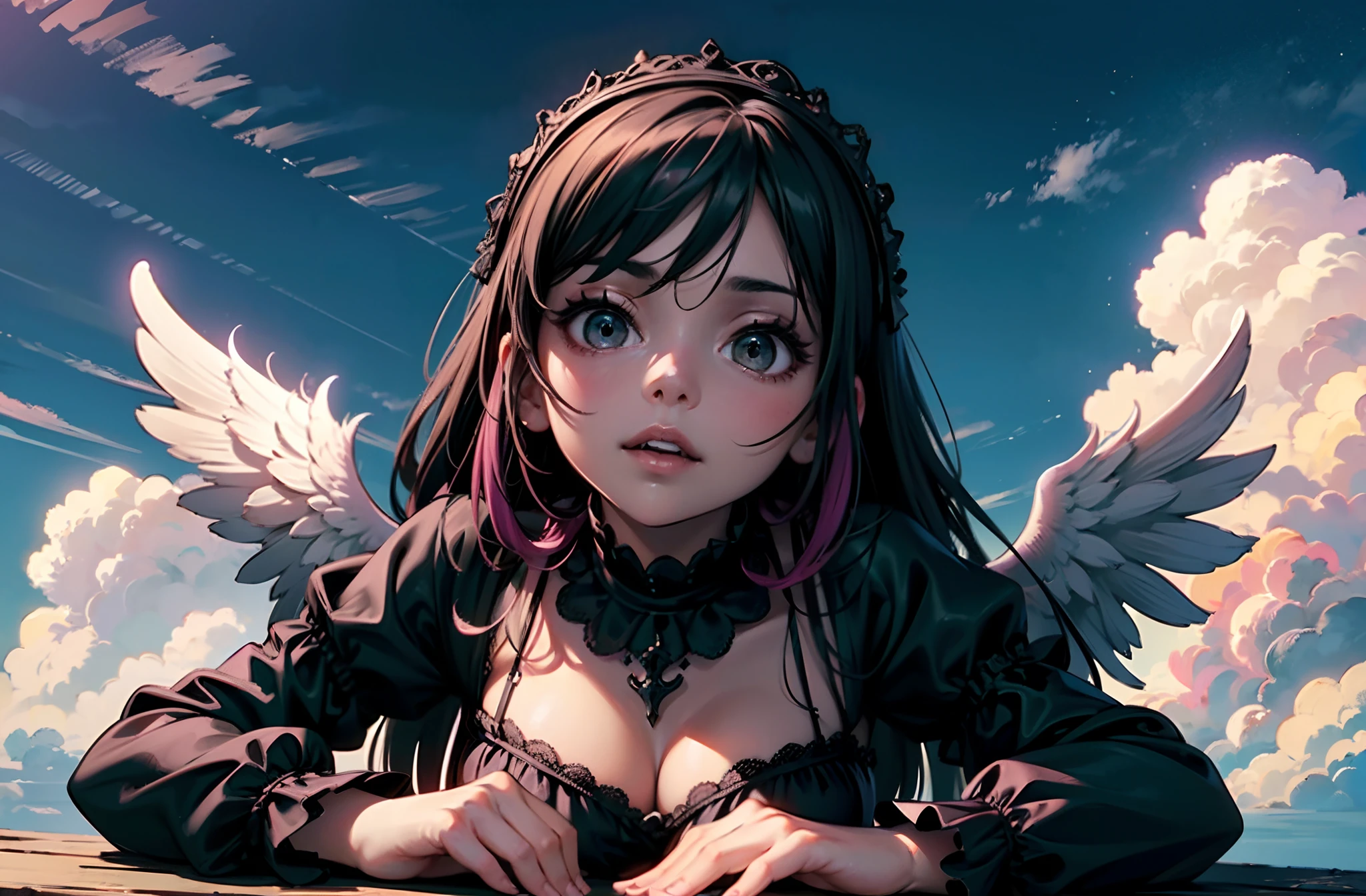 (A gothic angel:1.2),(black outfit:1.3),(hot dark-pink outfit),(lying down on a cloud in the sky),(ultra-detailed masterpiece-like portrayal),(very cute)