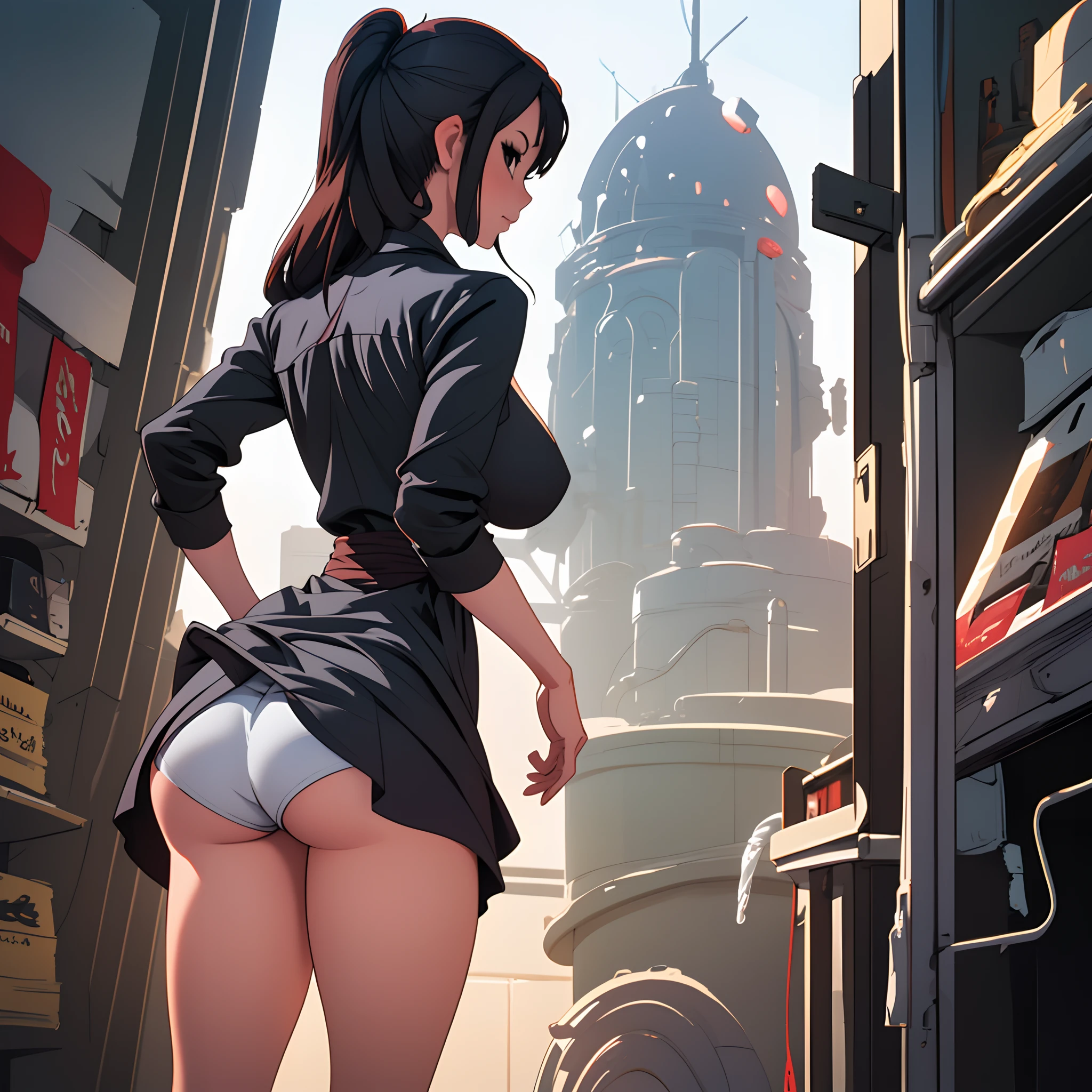 Big ass, long hair, thich thighs, thin waist, black eyes, revealing dress, exposed ass, big breasts, pretty, view from behind, face turned go face