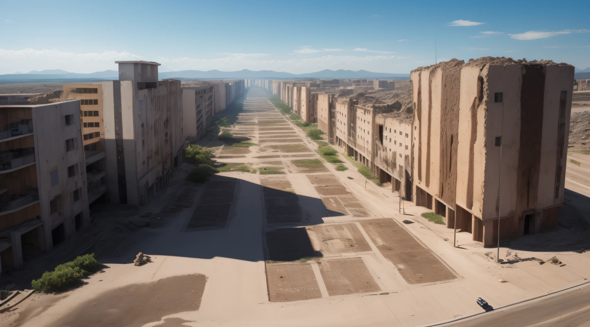 (((foto))), (((foto realista))), 8k, Ultra Resolution, Unique work, sol en medio de 2 edificios destruidos, edificios destruidos, ciudad, destruido, despues de una catastrofe nuclear, ruinas cubiertas de vegetacion, desolado, ruinas definidas, naturaleza definida, caos