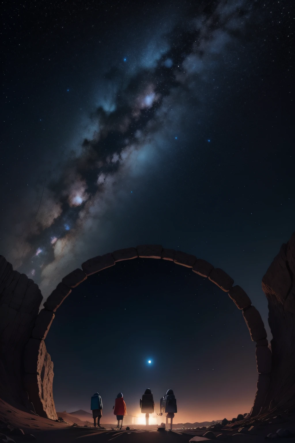 A hole,Students stand at the entrance of the cave with their bags on their backs,Gaze at the starry sky in front of you