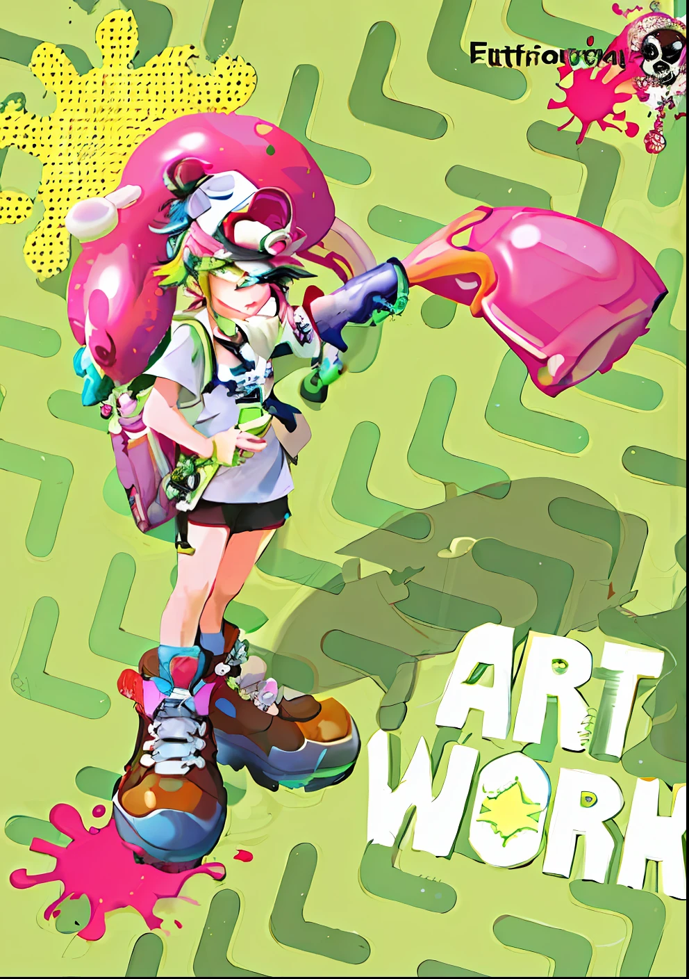 Close-up of cartoon character wearing white hat and turquoise shirt, with splatoon style, Artistic cover, Game art!!, nintendo game art, artbook artwork, Row 3, Platoon, danbooru and artstation, official artbook, fantastic artstyle, splash screen art, videogame art, art book, high detailed official artwork, videogame art,And it needs to be communicated with the words AKIHITO,Type design art