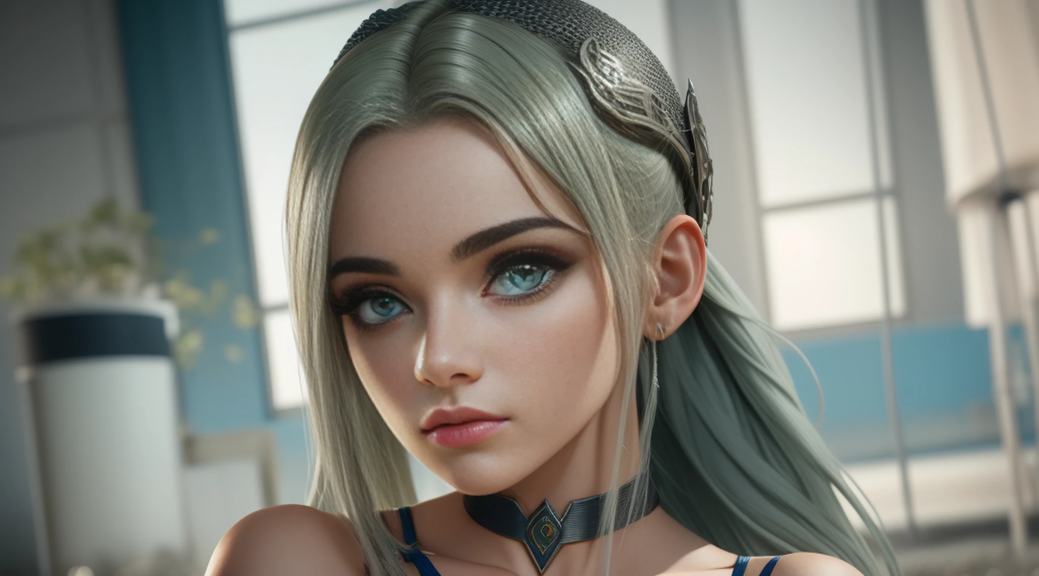 (Fotorrealista: 1.5), beautiful ultra-detailed complex 3D rendering, (Skindent: 1.5), (Obra-prima, qualidade superior, octane rendering, 8K), fotos de glamour imagens de corpo inteiro, elfos jovens muito bonitos, decote, bswimsuit, um, long braided green hair, cabelo verde apenas, Vestindo intrincada super armadura de ouro e azul e branco, usando uma intrincada capa preta (((retrato))), usando intrincadas leggings de metal branco nas pernas, fundo urbano futurista, facial muscles, no estilo da Marvel Comics, ArtStation Trends, foco claro, Studio Photography, detalhe intrincado, altamente detalhado, olhos detalhados, illustration, muito detalhado, foco nítido, digital render, profissional
