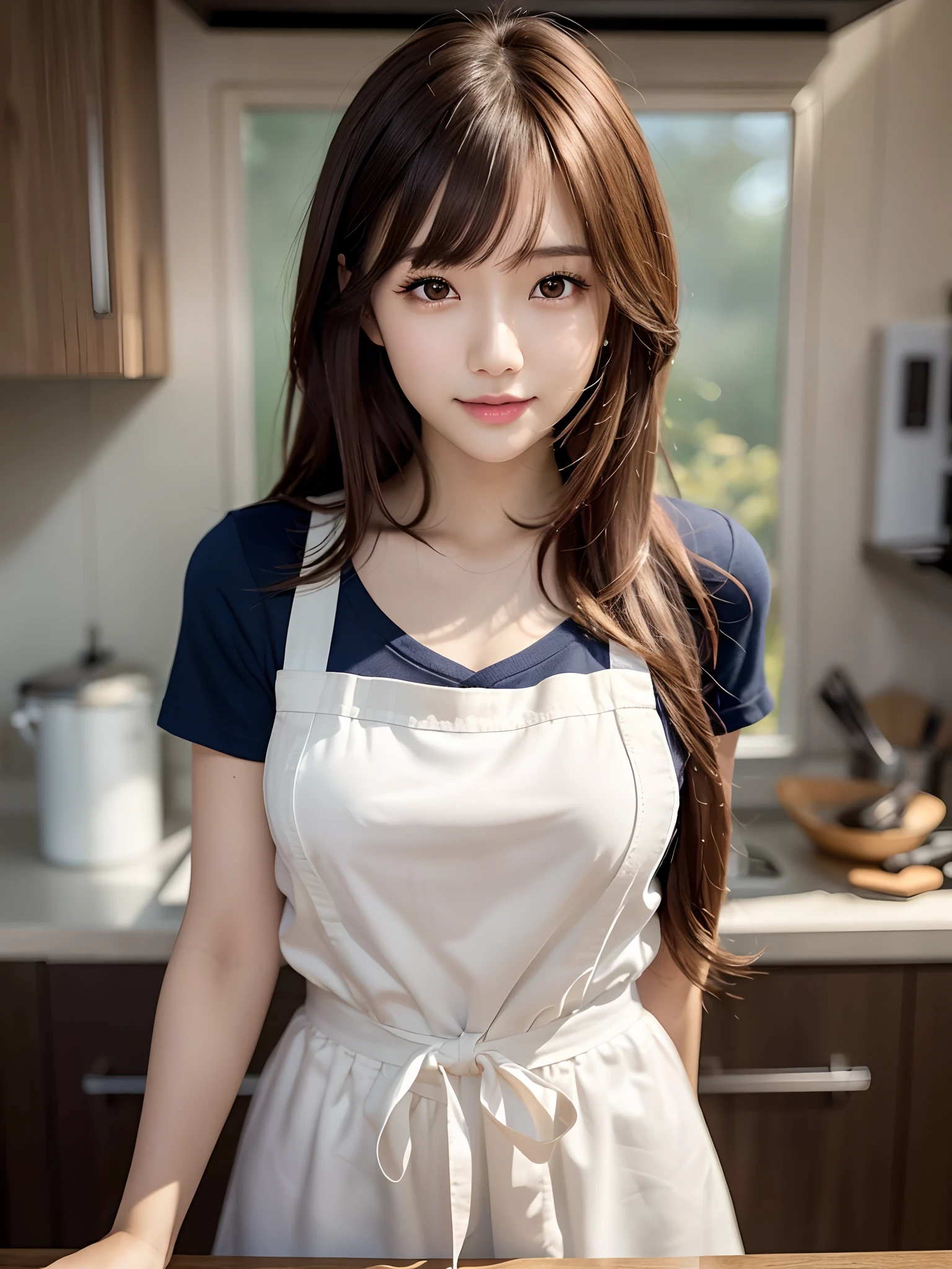 product quality, 1 girl per 1 photo, upper body shot, front view, a Japanese young pretty girl, long bob hair, wearing a marriage ring, wearing a blue frilled apron over a short sleeves T-shirt, wearing silk panties, standing in a kitchen with a big smile, hyper cute face, glossy lips, double eyelids for both eyes, natural makeup, shiny smooth light brown hair of long bob hair, asymmetrical bangs, tanned skin, central image, 8K resolution, high detail, detailed hairstyle, detailed face, cinematic lighting, octane rendering, hyper realistic, perfect limbs, perfect anatomy