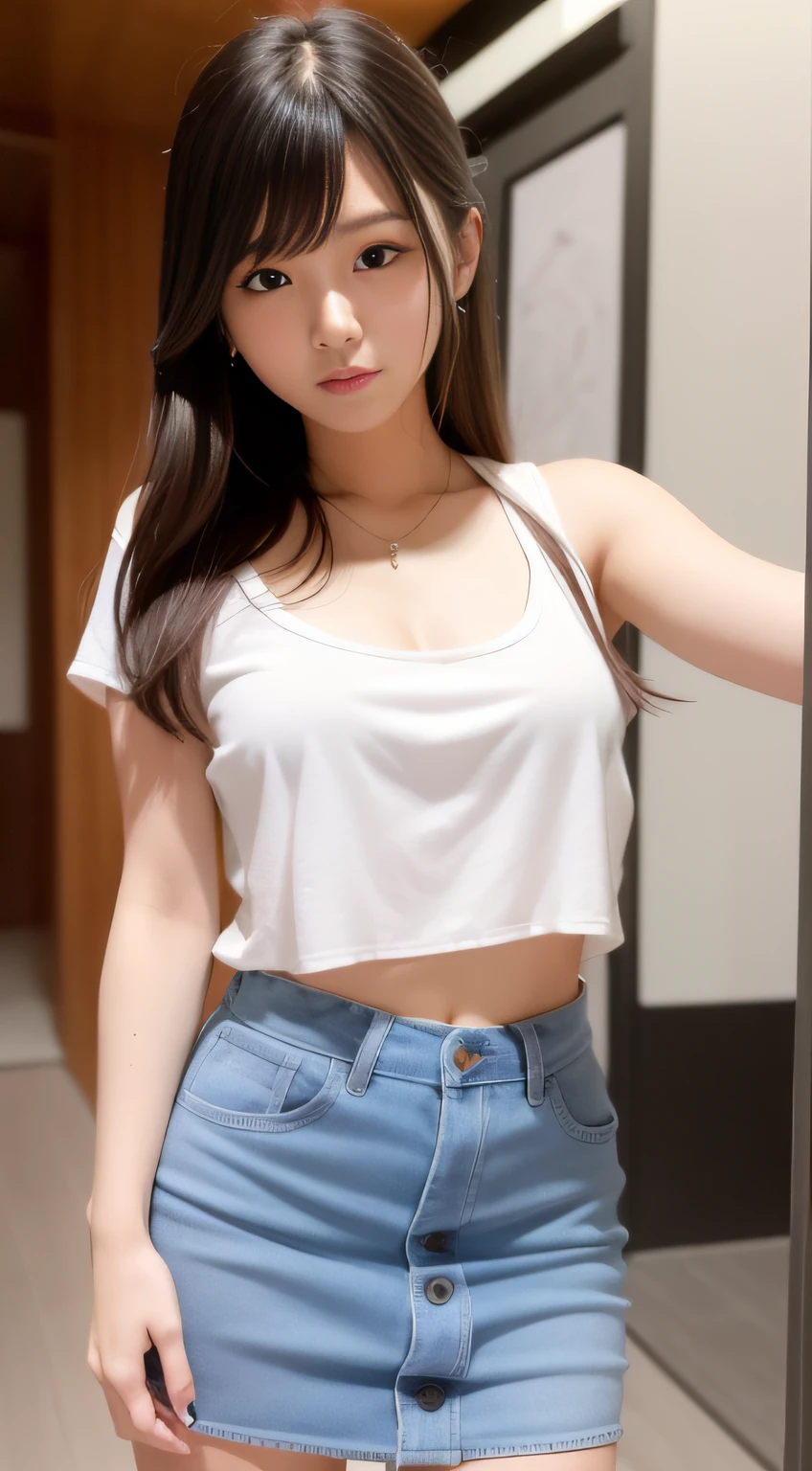 paparazzi shot of SCANTILY CLAD Lisa , Lisa face shape, wearing a tight white T-shirt, open waist, light blue pleated skirt, long legs, masterpiece, superlative, realistic, HD, photography lighting, 16k