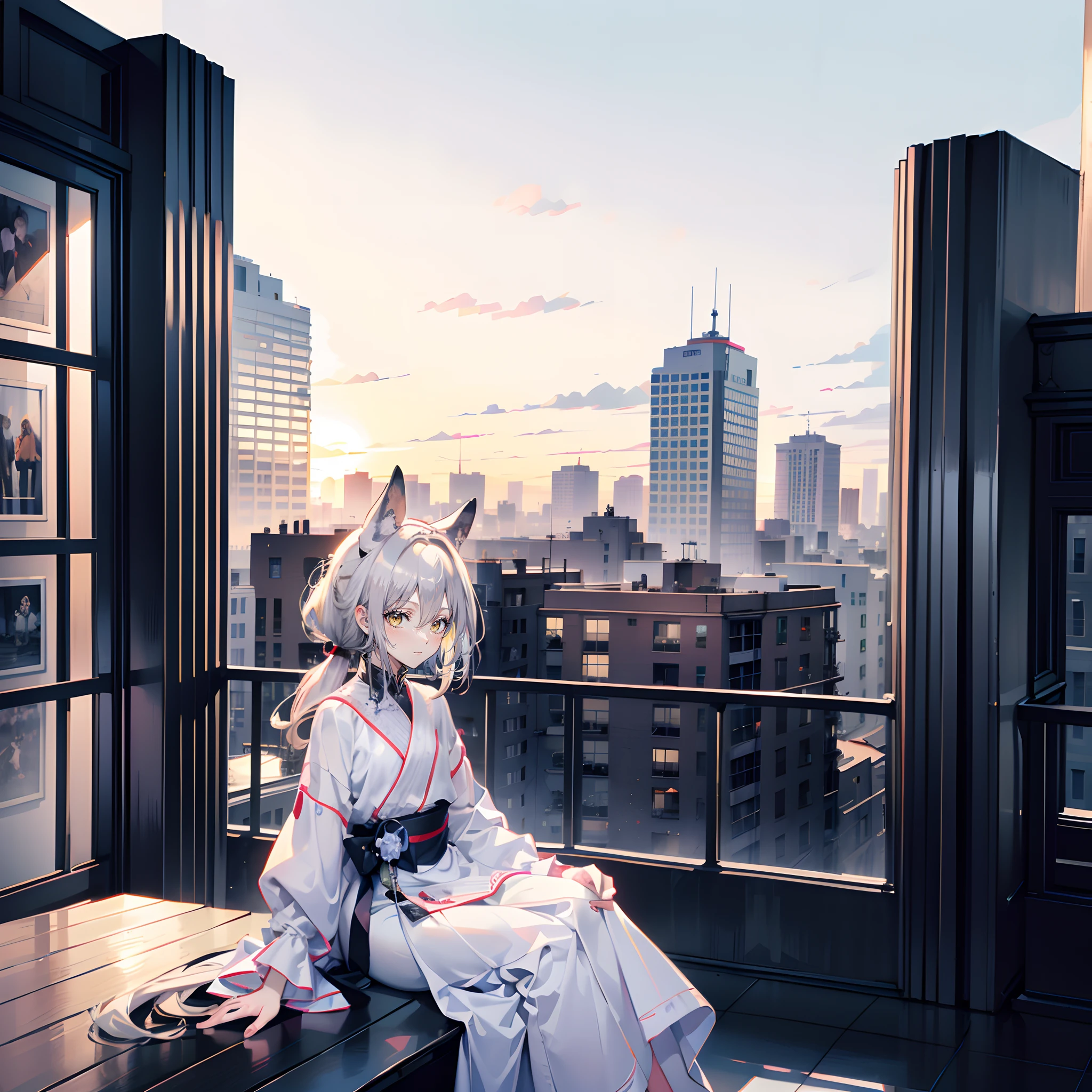 Masterpiece, Best quality, High quality, 1girll，Solo, Male focus, view the viewer, White horse ears，Long white single ponytail hair，White color hair，Long hair and waist，Flat bangs，yellow eyes，long white robe，Roof，Sitting down，Look out into the far side of the city，sideface，Top-down view