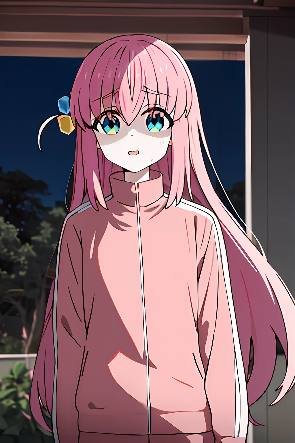 obra maestra, mejor calidad, highres, gotou1, gotou hitori, solo, chaqueta rosa, tracksuit, flequillo, pelo entre ojos, mangas largas, (cara enfadada: 1.2), upper_body, boca ondulada, gota de sudor, boca abierta, avergonzado, tembloroso, al aire libre,