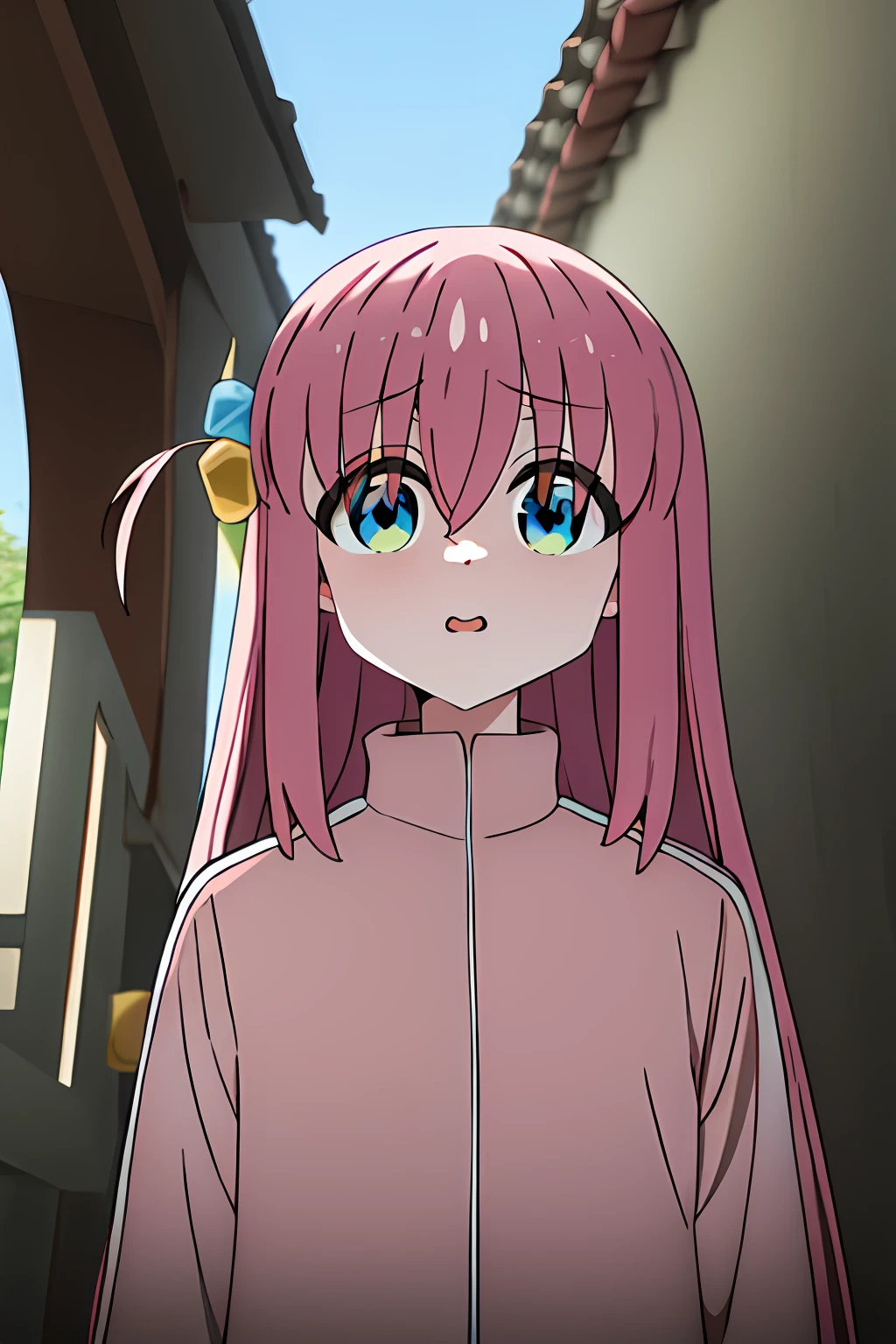 obra maestra, mejor calidad, highres, gotou1, gotou hitori, solo, chaqueta rosa, tracksuit, flequillo, pelo entre ojos, mangas largas, (cara enfadada: 1.2), upper_body, boca ondulada, gota de sudor, boca abierta, avergonzado, tembloroso, al aire libre,