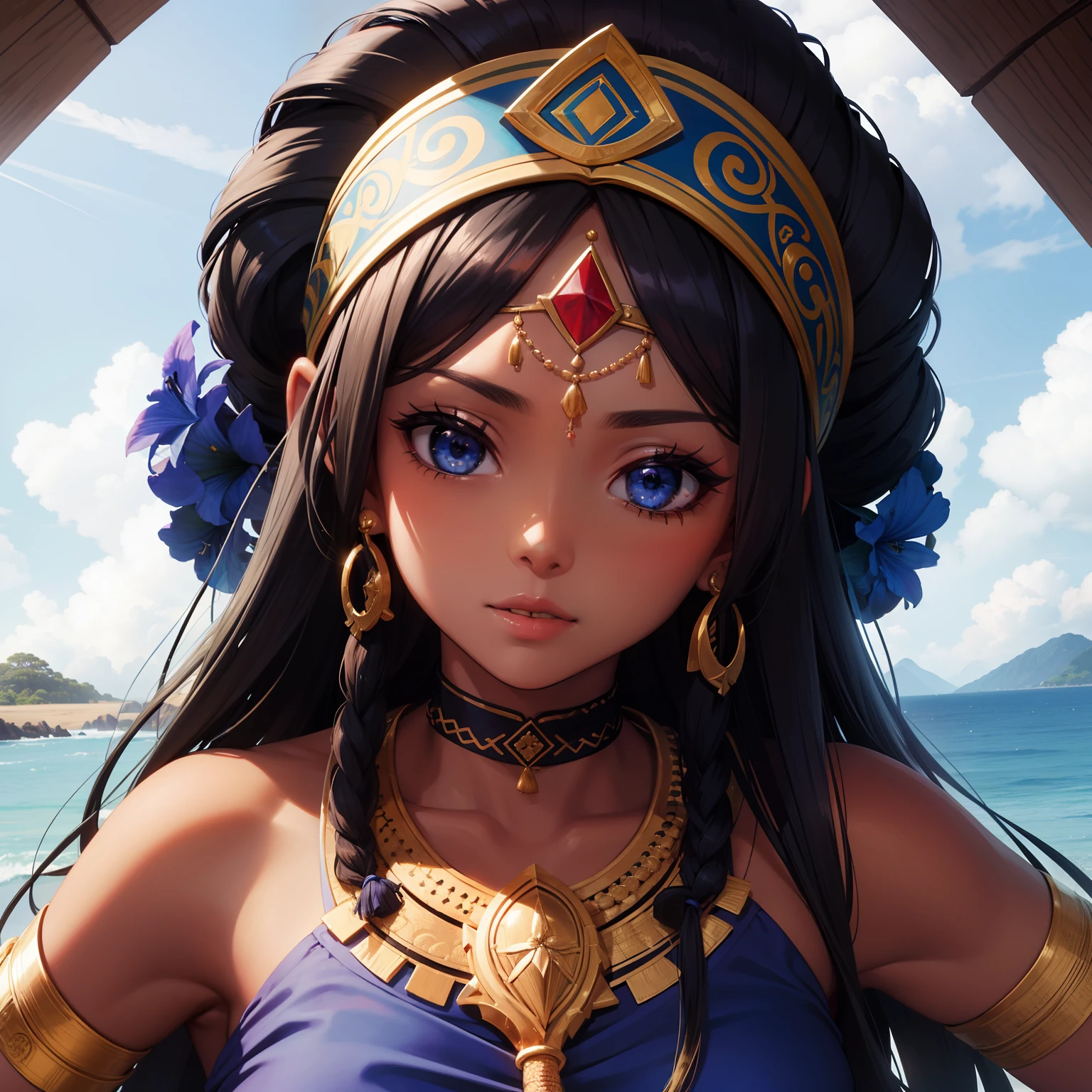 melhor qualidade, extremely high-resolution, obra-prima,garota,(pele_negra),cabelos prateados, Blue iris,bandana vermelha na testa,e roupas africanas pretas