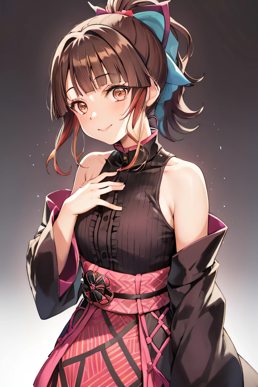 kimetsu no yaiba style,1girl, solo, looking at viewer, brown hair, brown eyes, blurry background, blurry, multicolored hair, ponytail, blonde hair, upper body, dress, flower, bare shoulders, smile, lipstick, closed mouth, anime coloring, ((masterpiece))