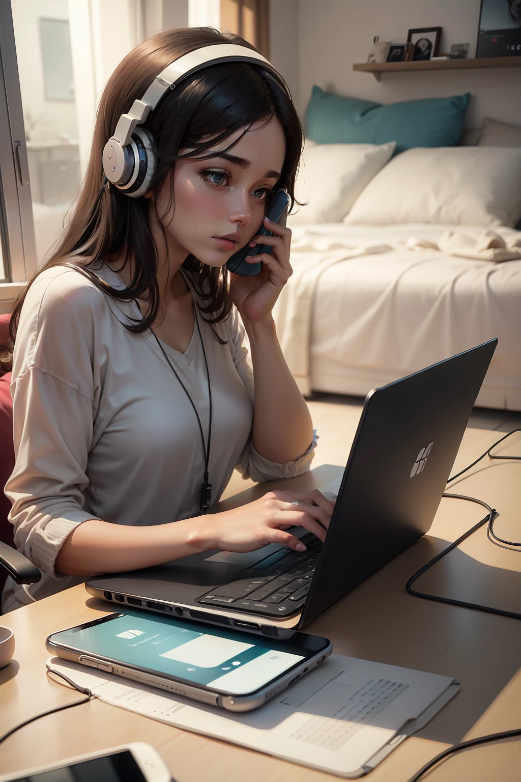 mulher sentada em uma cama com fones de ouvido e usando um laptop, menina usando fones de ouvido, sentado em frente ao computador, na frente de um computador, com fones de ouvido, Listening to music, usando um fone de ouvido, trabalhando em seu laptop, retro estilizado, Usando fones de ouvido, sentado em um computador, usando um fone de ouvido para jogos, com fones de ouvido, usando fone de ouvido para jogos