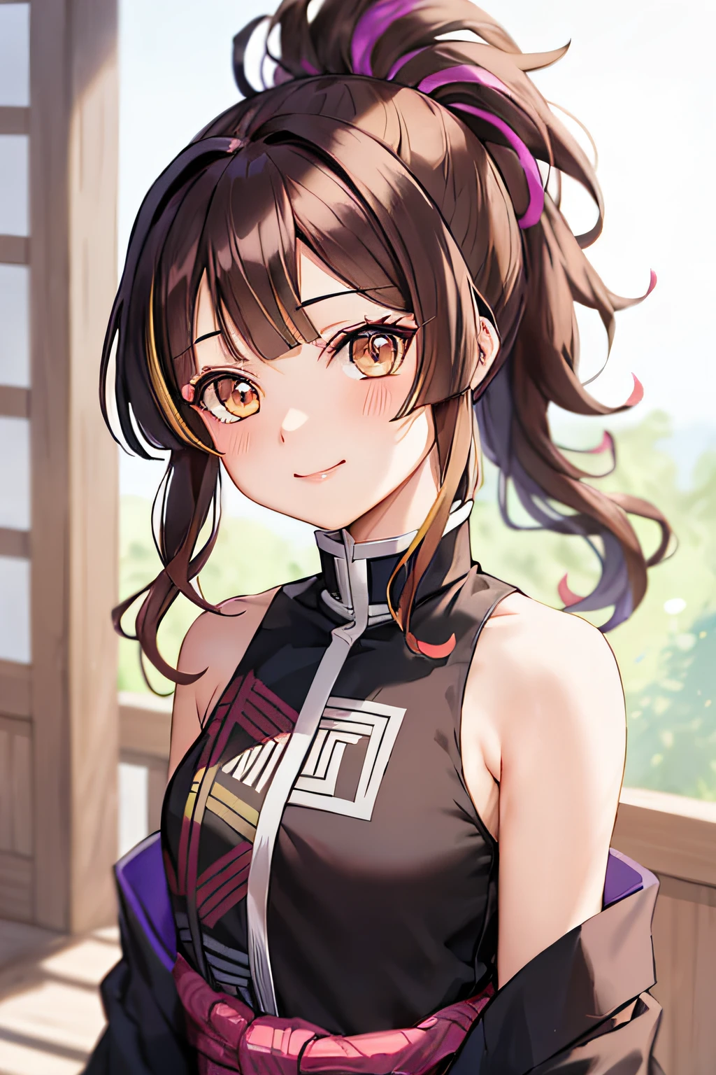 kimetsu no yaiba style,1girl, solo, looking at viewer, brown hair, brown eyes, blurry background, blurry, multicolored hair, ponytail, blonde hair, upper body, dress, flower, bare shoulders, smile, lipstick, closed mouth, anime coloring, ((masterpiece))