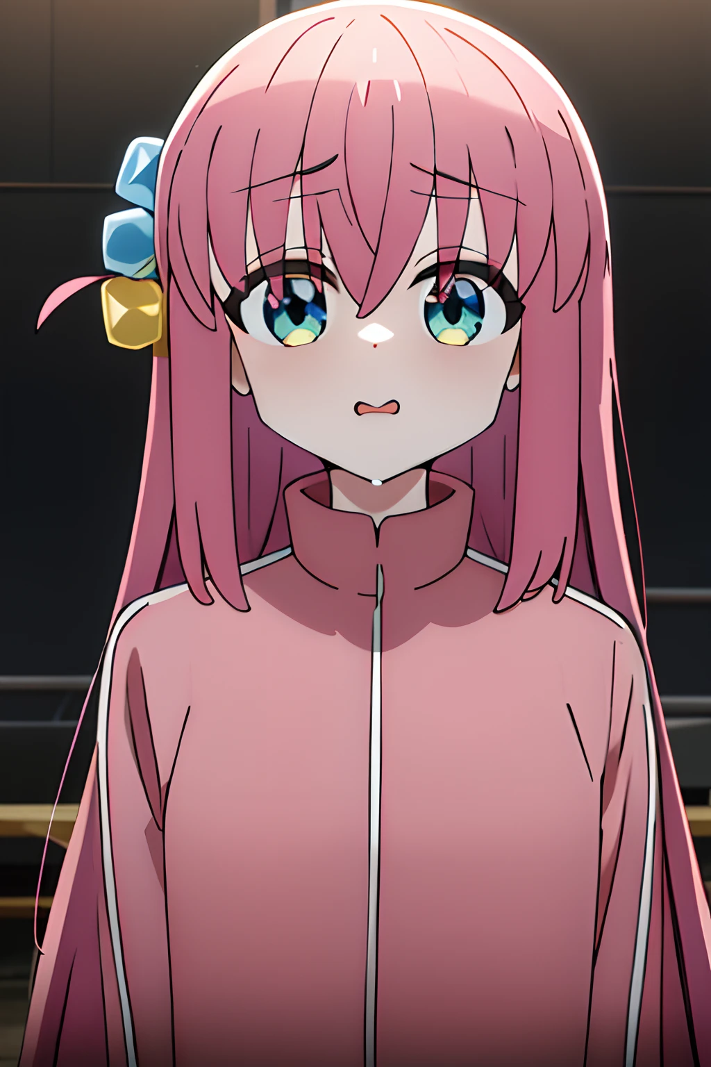 obra maestra, mejor calidad, highres, gotou1, gotou hitori, solo, chaqueta rosa, tracksuit, flequillo, pelo entre ojos, mangas largas, (cara enfadada: 1.2), upper_body, boca ondulada, gota de sudor, boca abierta, avergonzado, tembloroso, al aire libre,