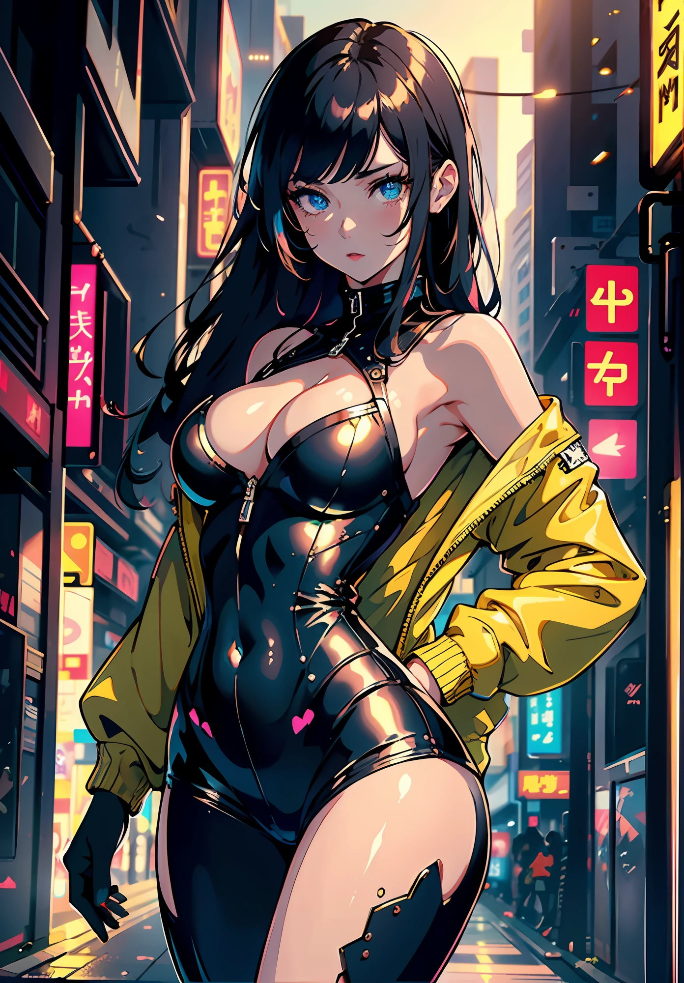 1girl, breasts, night, solo, large breasts, yellow jacket, bomber jacket, porcelain skin, subtle blush, holographic hair, black hair, off shoulder, futuristic, cyberpunk city, city lights, catsuit, cleavage, blade runner, bangs, long hair, (((masterpiece),mesmerizing eyes,best quality,,solo,1girl,cinematic lighting,detailed background,beautiful detailed eyes,bright pupils, (an extremely delicate and beautiful),(Beautiful and detailed eye description)， ultra-detailed,masterpiece,)),