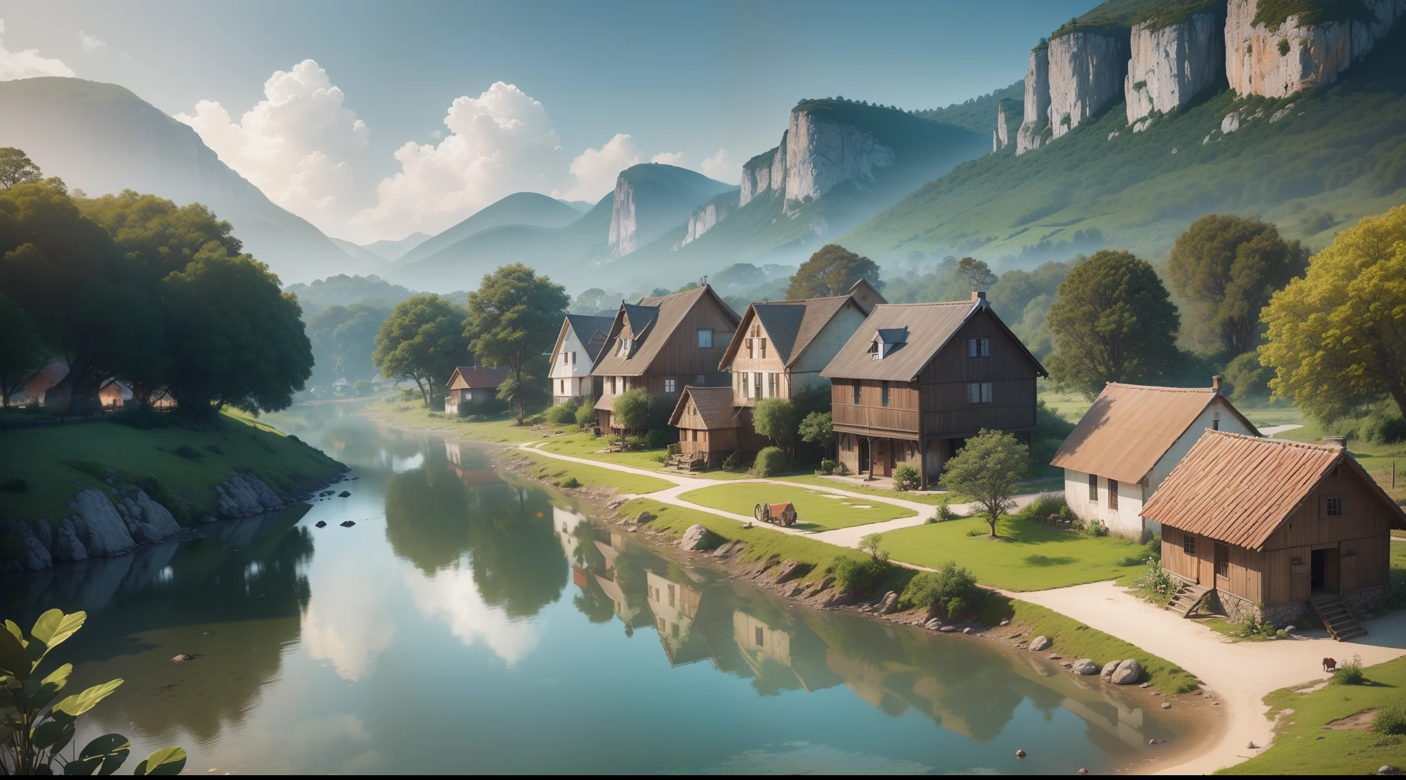 (Crie uma imagem de uma aldeia nas colinas, com casas tradicionais e cercada por uma paisagem natural exuberante. extremely detailed CG unity 8k wallpaper, best quality, ultra-detailed),(picturesque village, traditional houses, lush natural landscape),(Cartoon, Landscape village)